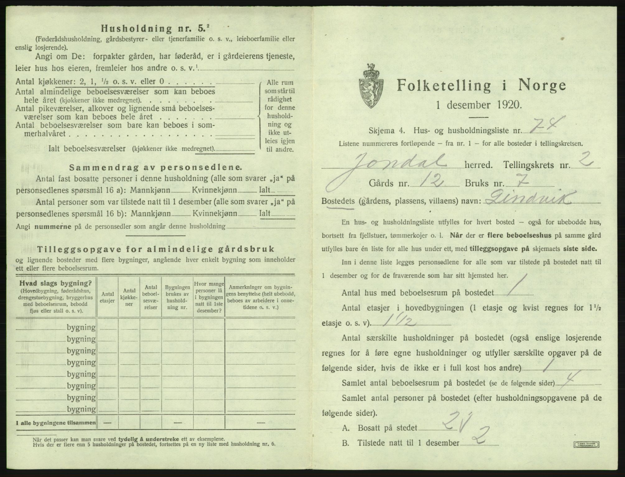 SAB, Folketelling 1920 for 1227 Jondal herred, 1920, s. 206