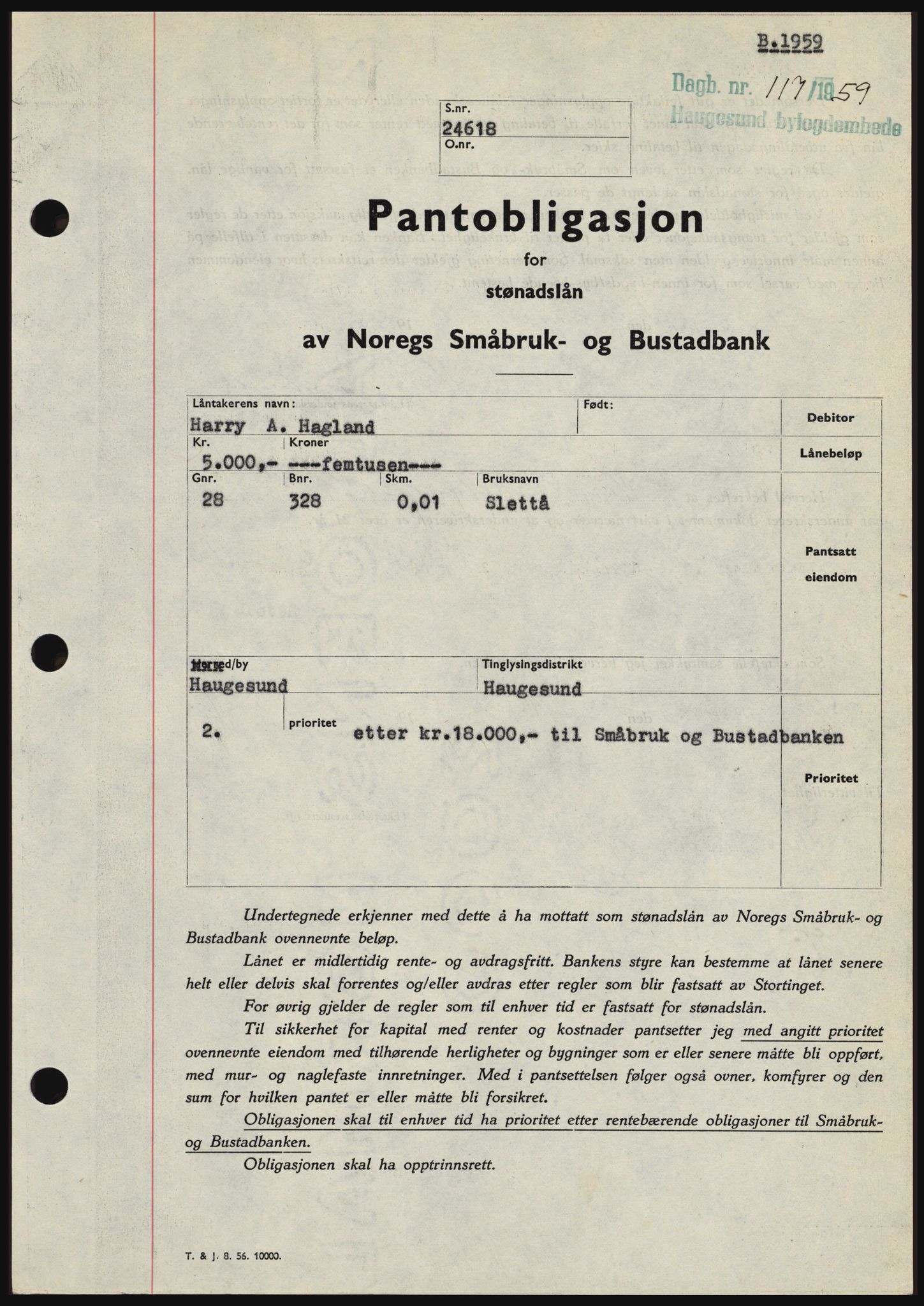 Haugesund tingrett, SAST/A-101415/01/II/IIC/L0044: Pantebok nr. B 44, 1958-1959, Dagboknr: 117/1959