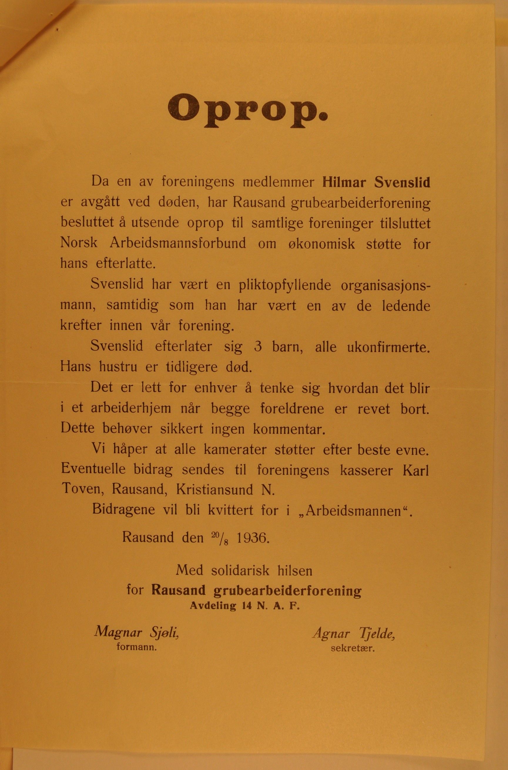 Hadeland Veiarbeiderforening, OARM/H-A-00304/D/Da/L0001/0006: Sakspapirer / Sakspapirer, 1936