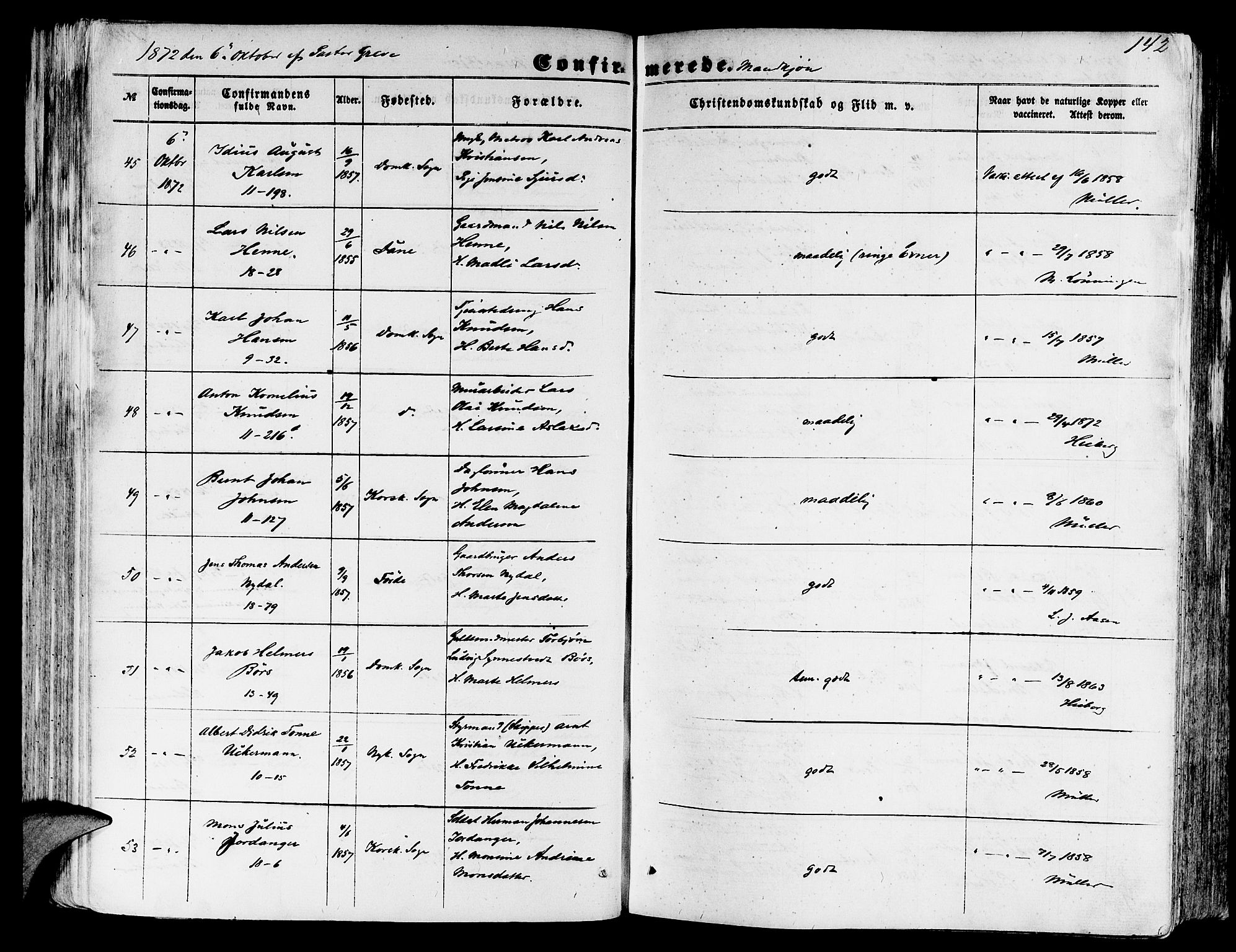 Domkirken sokneprestembete, SAB/A-74801/H/Hab/L0023: Klokkerbok nr. C 3, 1854-1880, s. 142