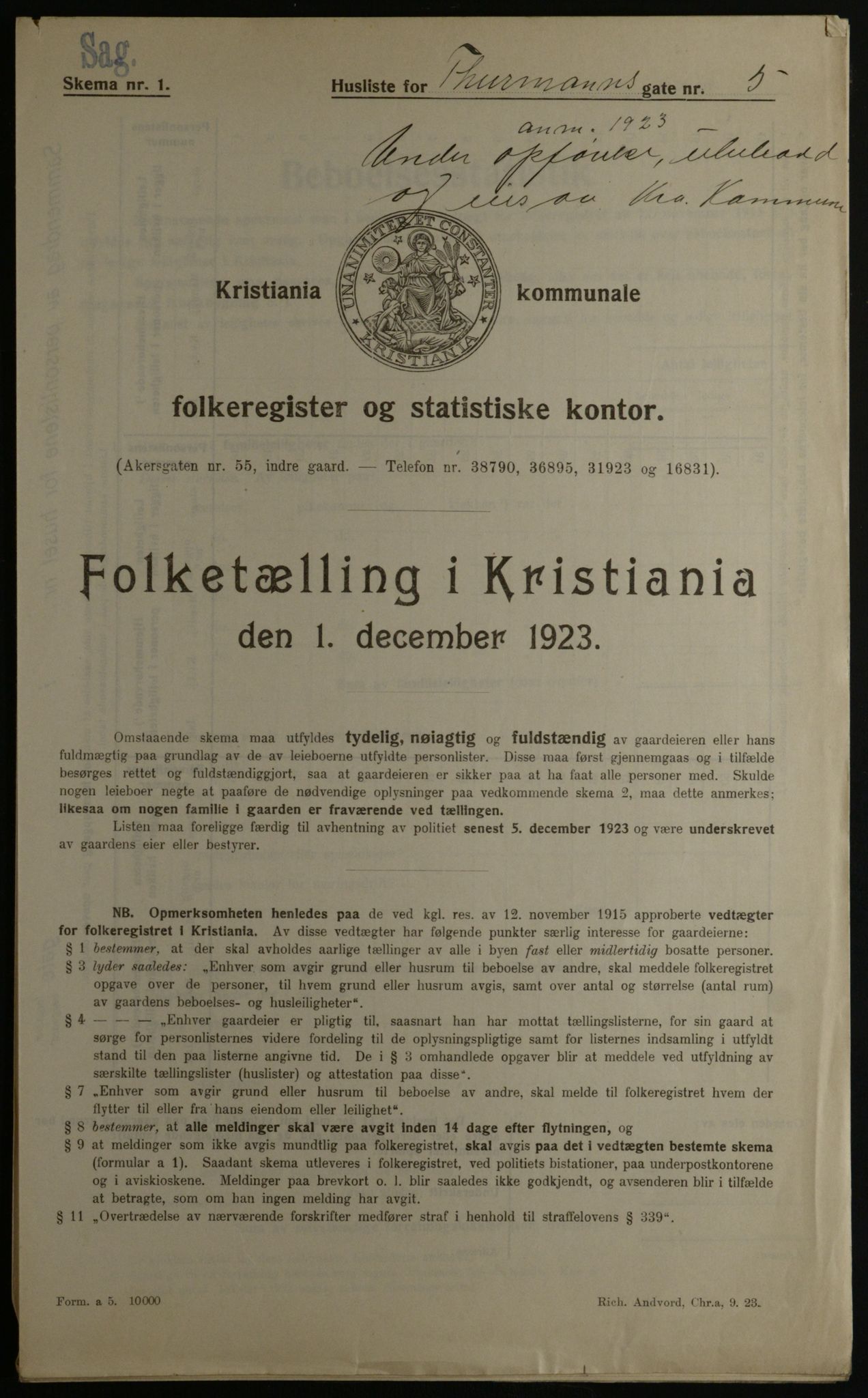 OBA, Kommunal folketelling 1.12.1923 for Kristiania, 1923, s. 123003