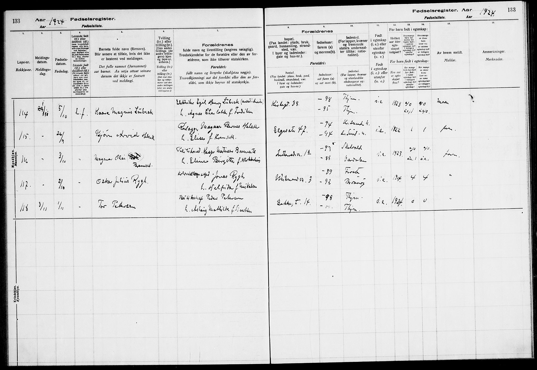 Ministerialprotokoller, klokkerbøker og fødselsregistre - Sør-Trøndelag, AV/SAT-A-1456/604/L0233: Fødselsregister nr. 604.II.4.2, 1920-1928, s. 133