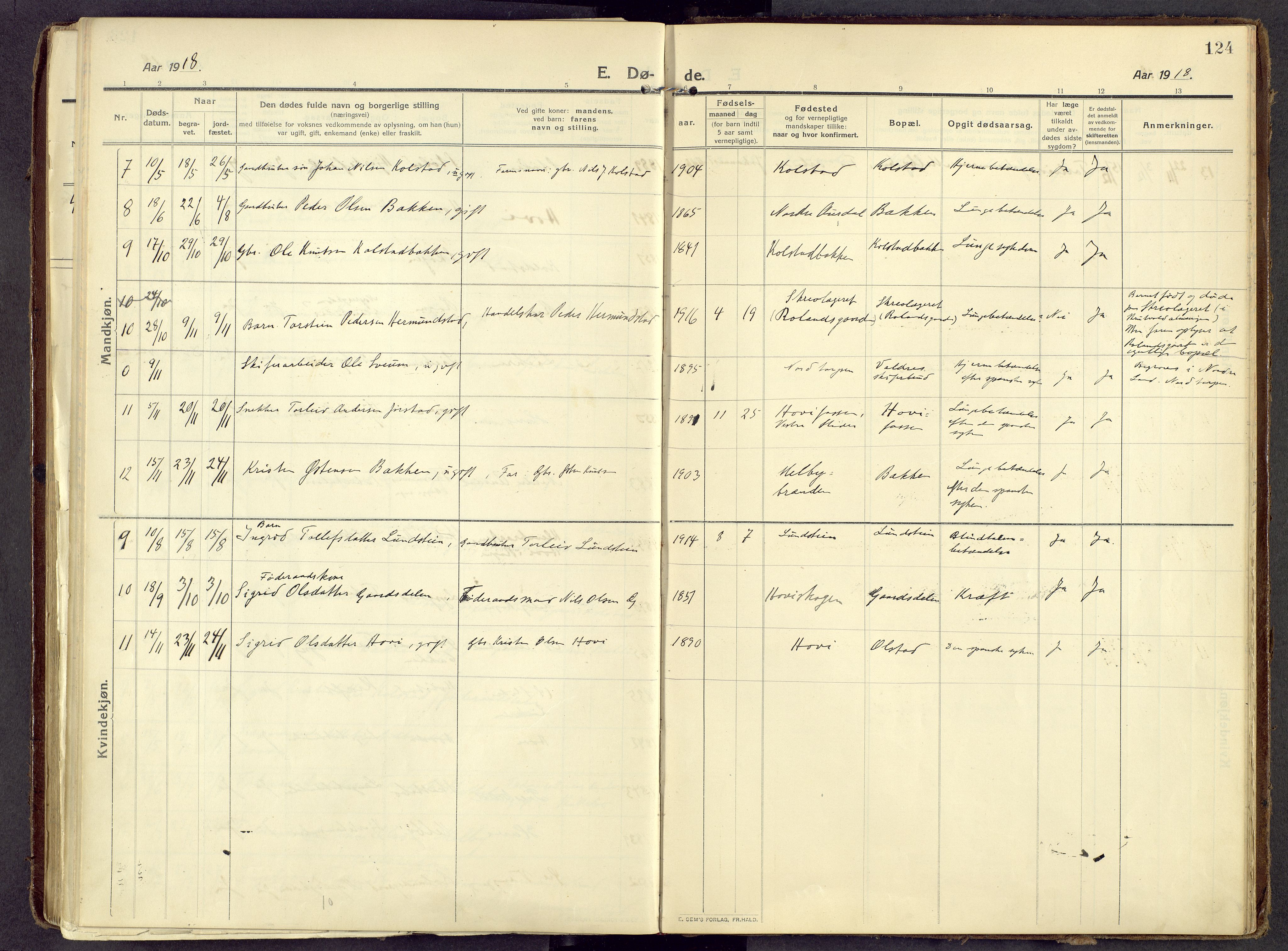 Øystre Slidre prestekontor, AV/SAH-PREST-138/H/Ha/Haa/L0006: Ministerialbok nr. 6, 1911-1931, s. 124
