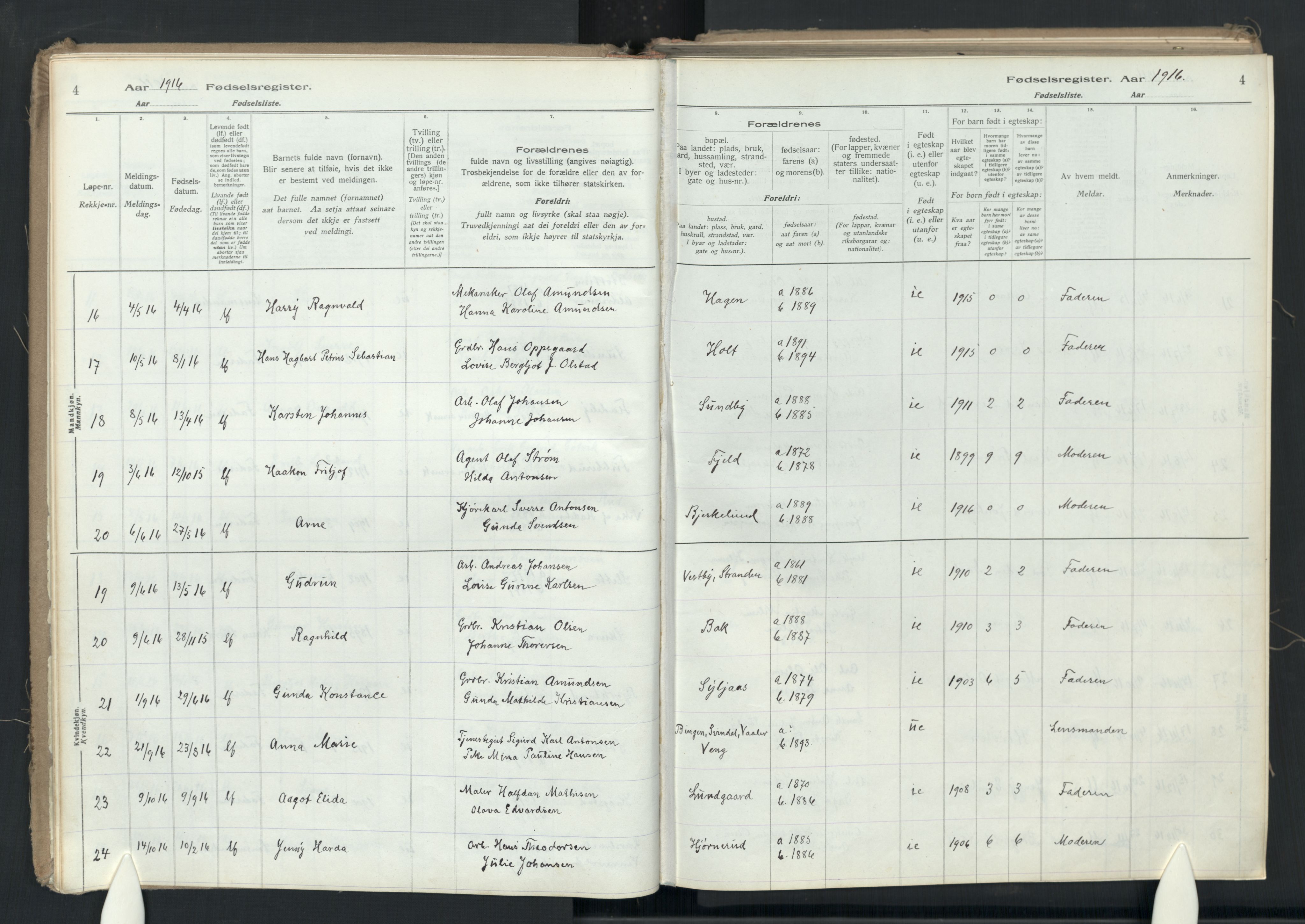 Enebakk prestekontor Kirkebøker, AV/SAO-A-10171c/J/Ja/L0001: Fødselsregister nr. I 1, 1916-1948, s. 4