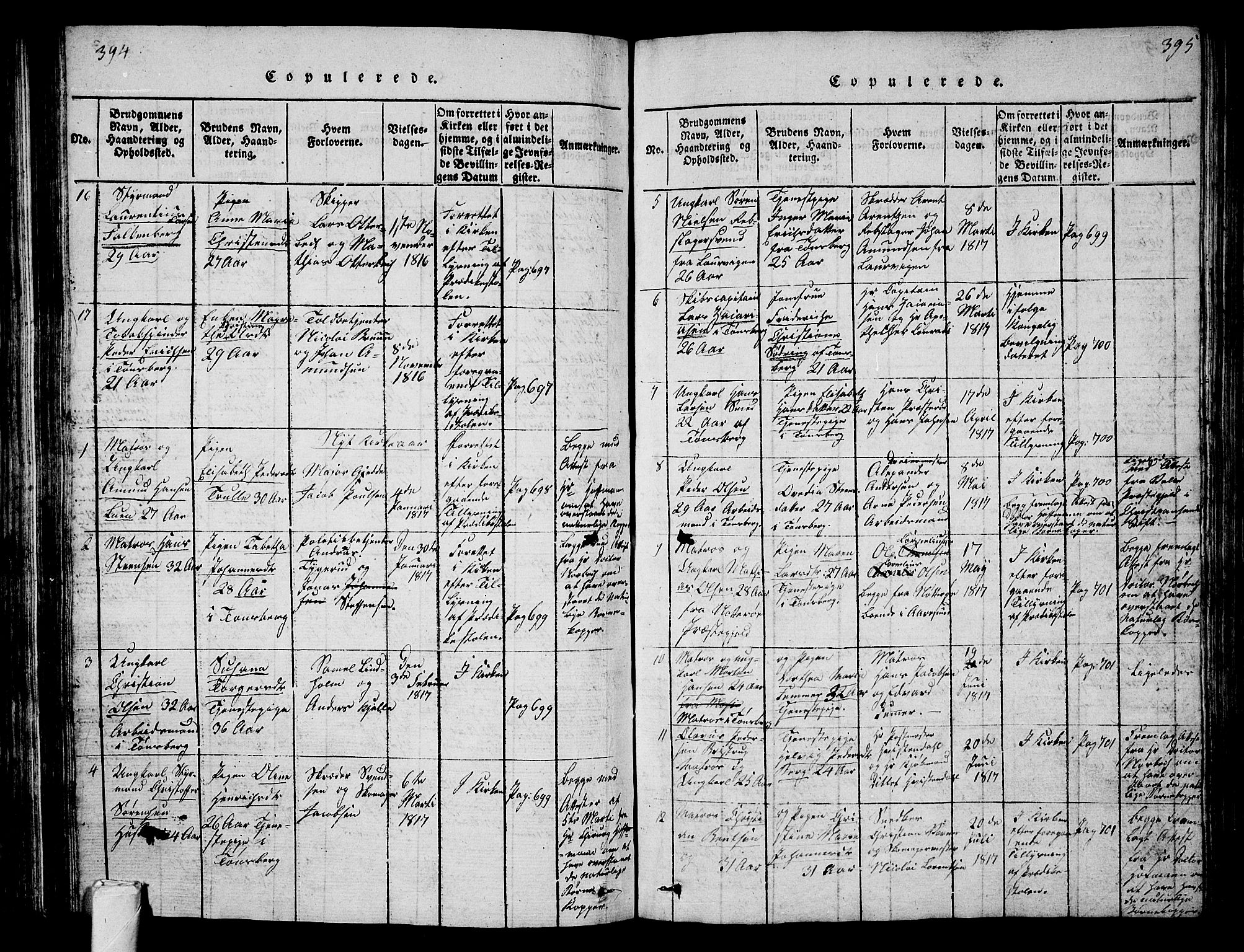 Tønsberg kirkebøker, AV/SAKO-A-330/G/Ga/L0001: Klokkerbok nr. 1, 1813-1826, s. 394-395