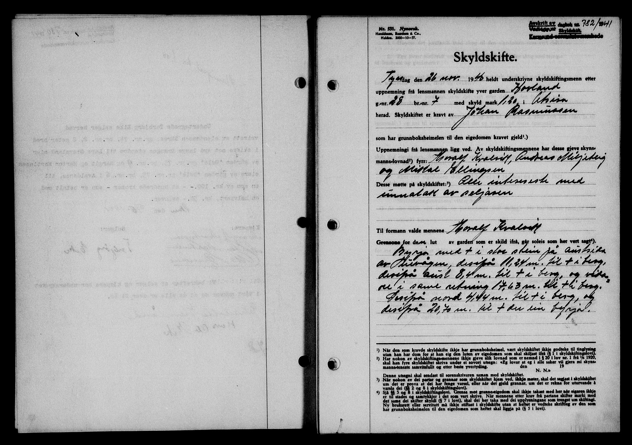 Karmsund sorenskriveri, SAST/A-100311/01/II/IIB/L0075: Pantebok nr. 56A, 1941-1941, Dagboknr: 782/1941