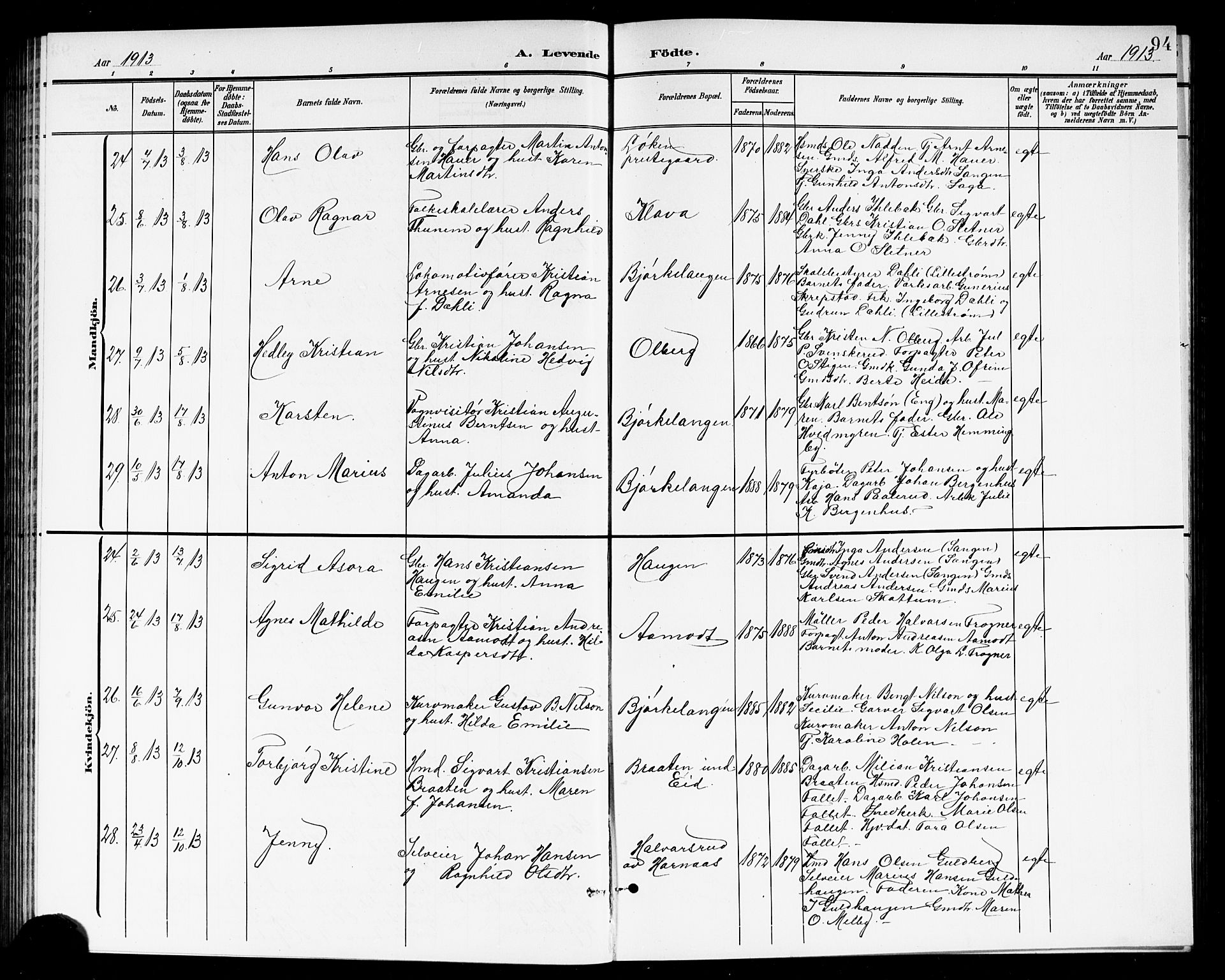 Høland prestekontor Kirkebøker, AV/SAO-A-10346a/G/Ga/L0007: Klokkerbok nr. I 7, 1902-1914, s. 94