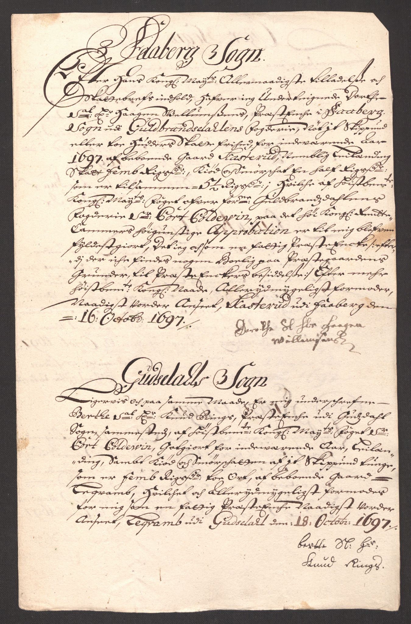 Rentekammeret inntil 1814, Reviderte regnskaper, Fogderegnskap, RA/EA-4092/R17/L1170: Fogderegnskap Gudbrandsdal, 1696-1697, s. 317