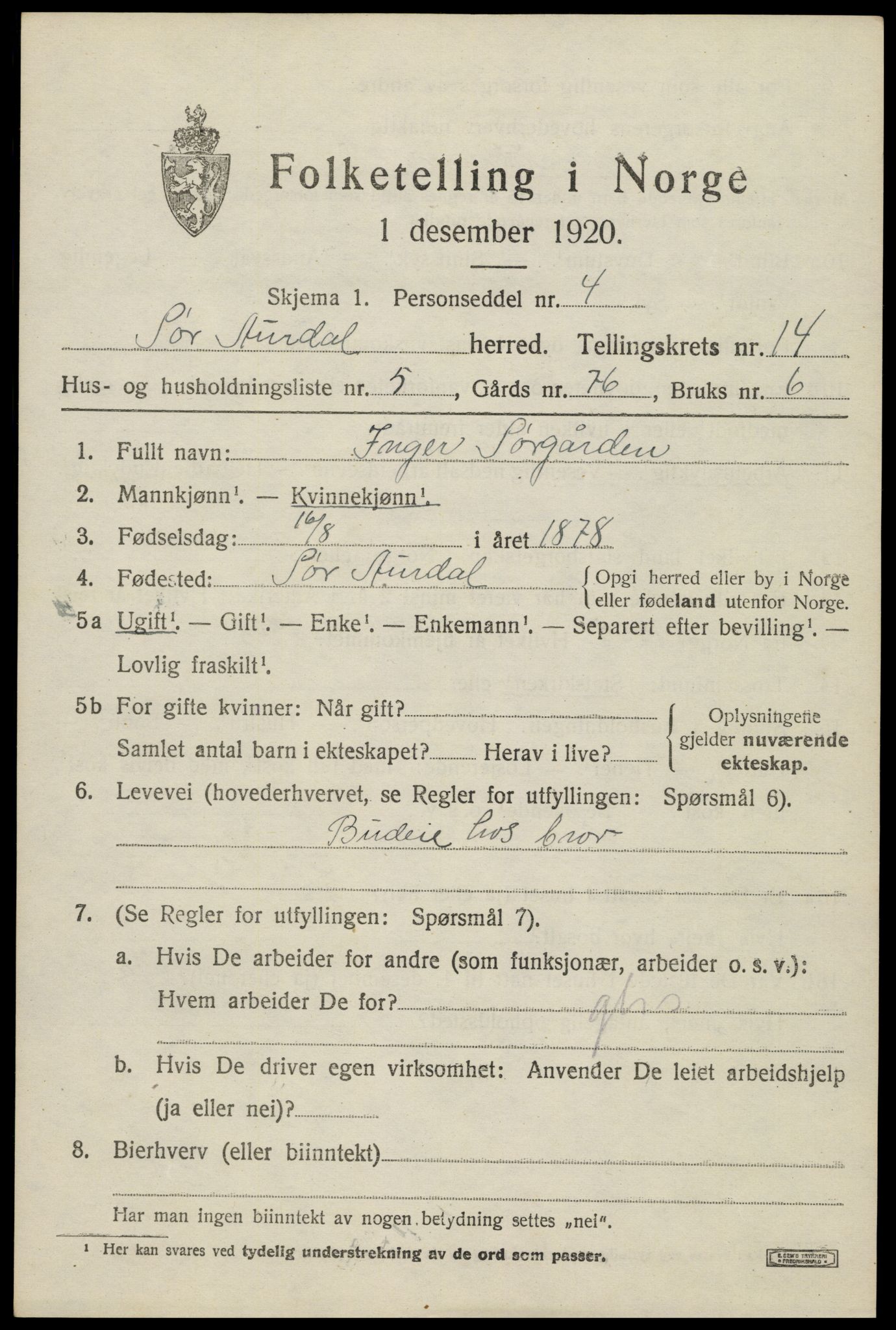 SAH, Folketelling 1920 for 0540 Sør-Aurdal herred, 1920, s. 8083