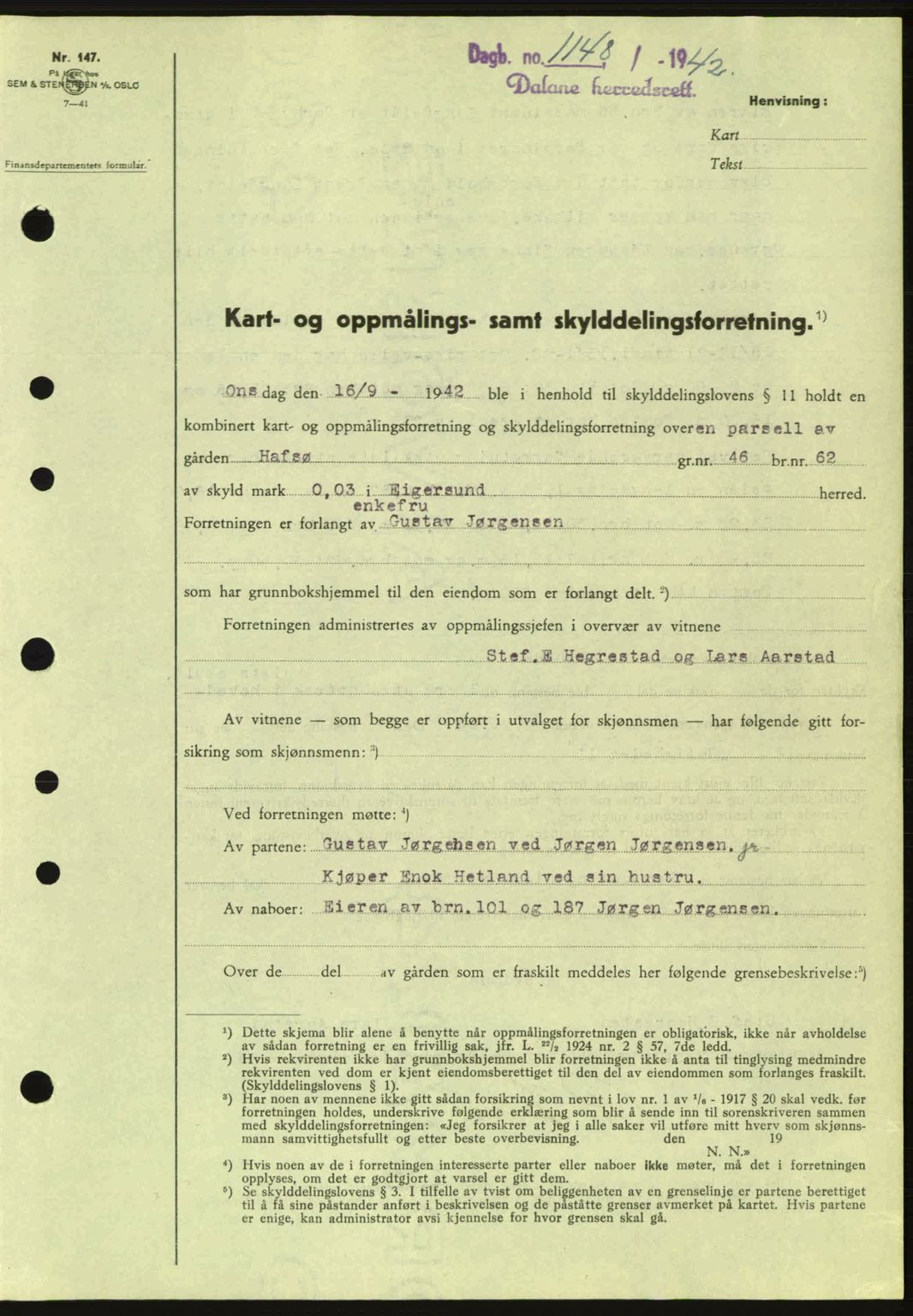 Dalane sorenskriveri, SAST/A-100309/02/G/Gb/L0046: Pantebok nr. A7, 1942-1943, Dagboknr: 1148/1942