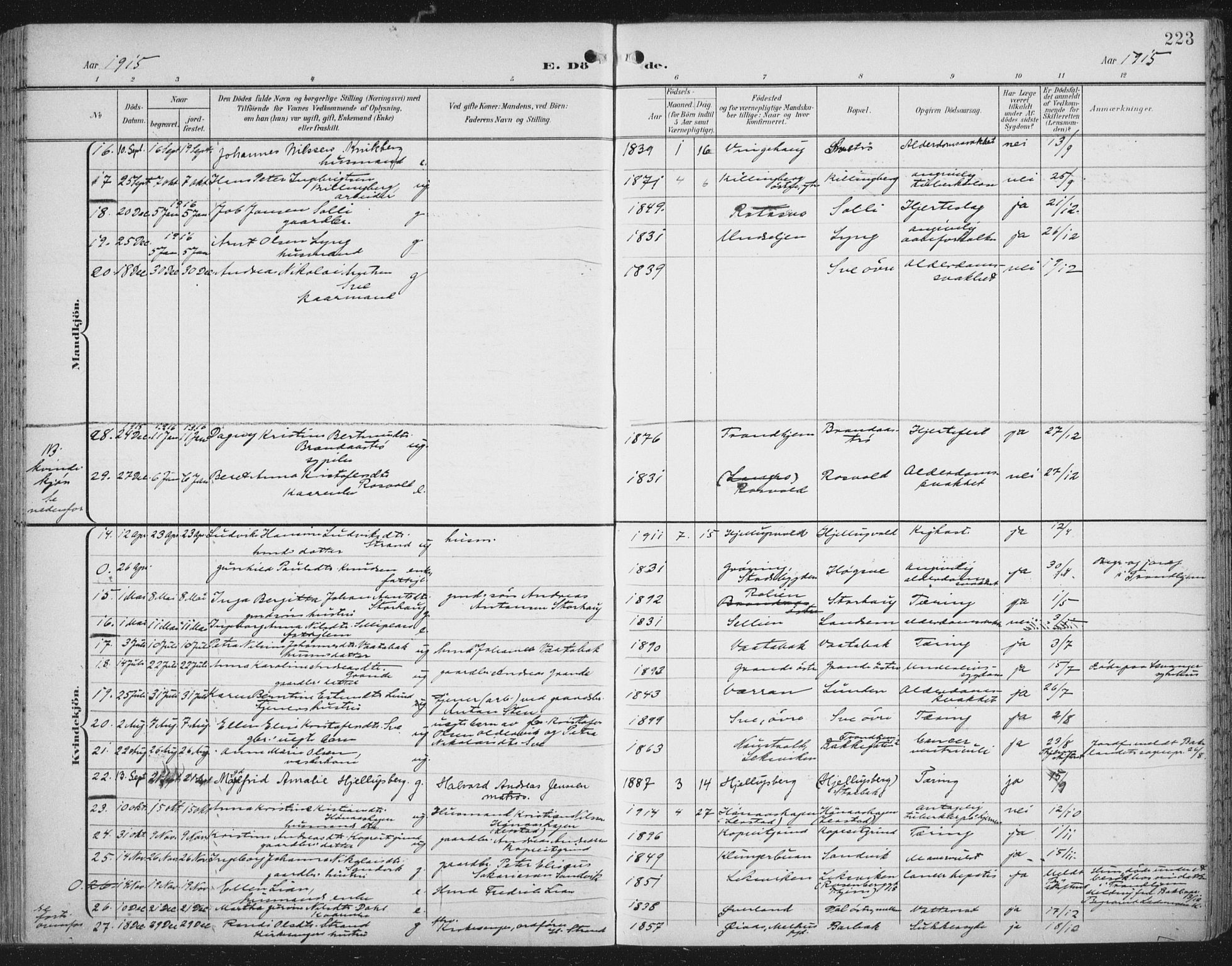 Ministerialprotokoller, klokkerbøker og fødselsregistre - Nord-Trøndelag, AV/SAT-A-1458/701/L0011: Ministerialbok nr. 701A11, 1899-1915, s. 223