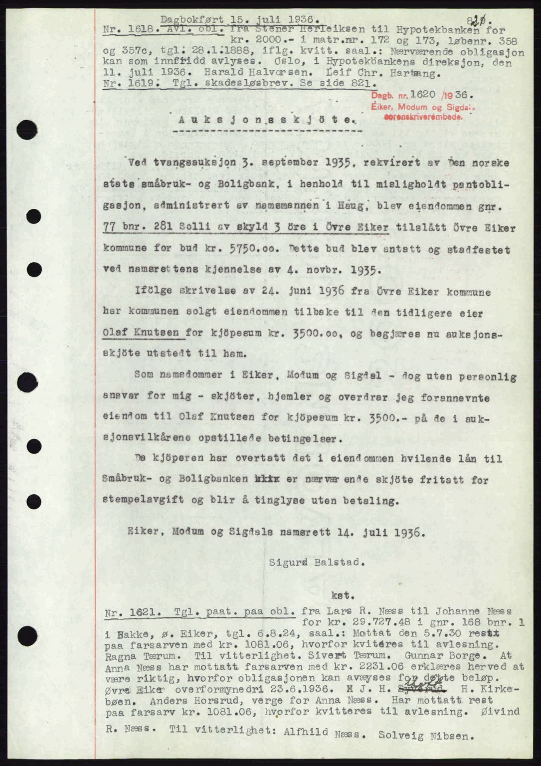 Eiker, Modum og Sigdal sorenskriveri, SAKO/A-123/G/Ga/Gab/L0032: Pantebok nr. A2, 1936-1936, Dagboknr: 1620/1936