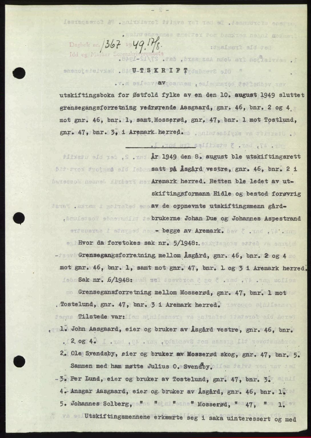Idd og Marker sorenskriveri, SAO/A-10283/G/Gb/Gbb/L0012: Pantebok nr. A12, 1949-1949, Dagboknr: 1367/1949