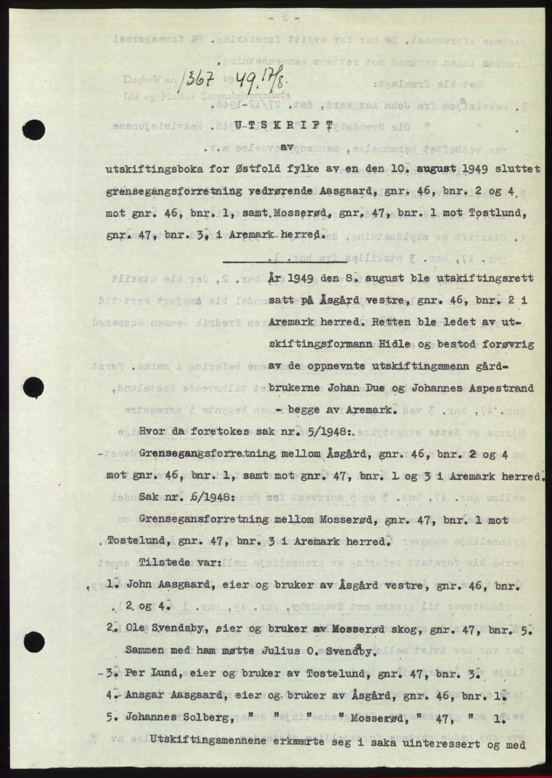 Idd og Marker sorenskriveri, AV/SAO-A-10283/G/Gb/Gbb/L0012: Pantebok nr. A12, 1949-1949, Dagboknr: 1367/1949