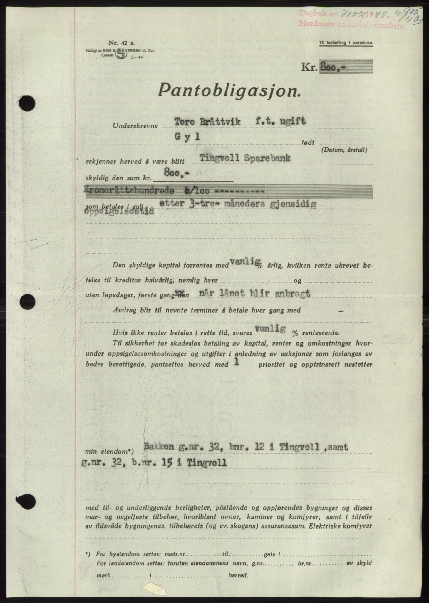 Nordmøre sorenskriveri, SAT/A-4132/1/2/2Ca: Pantebok nr. B99, 1948-1948, Dagboknr: 3122/1948
