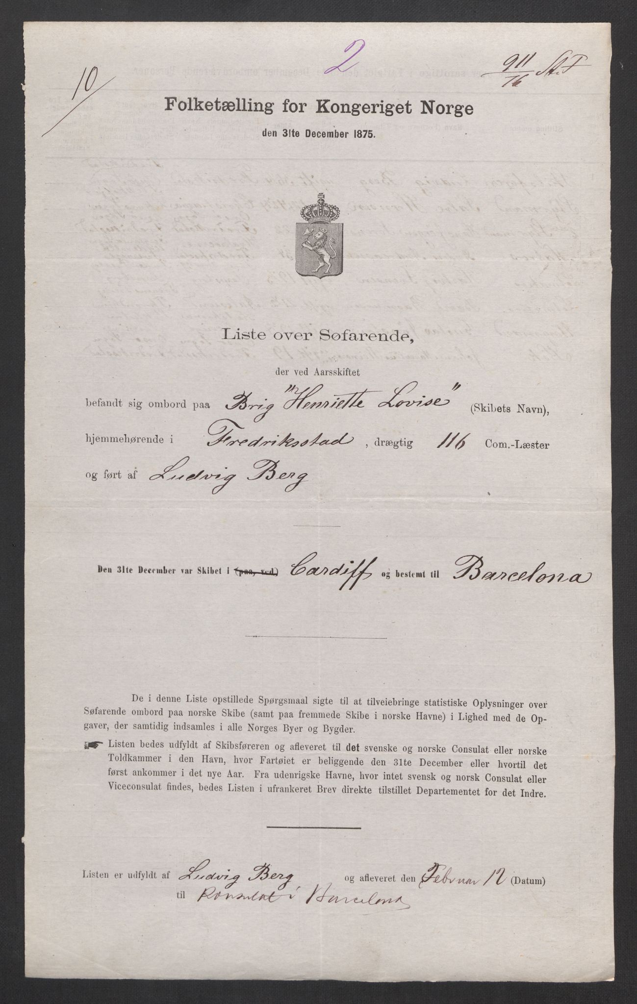 RA, Folketelling 1875, skipslister: Skip i utenrikske havner, hjemmehørende i byer og ladesteder, Fredrikshald - Arendal, 1875, s. 40