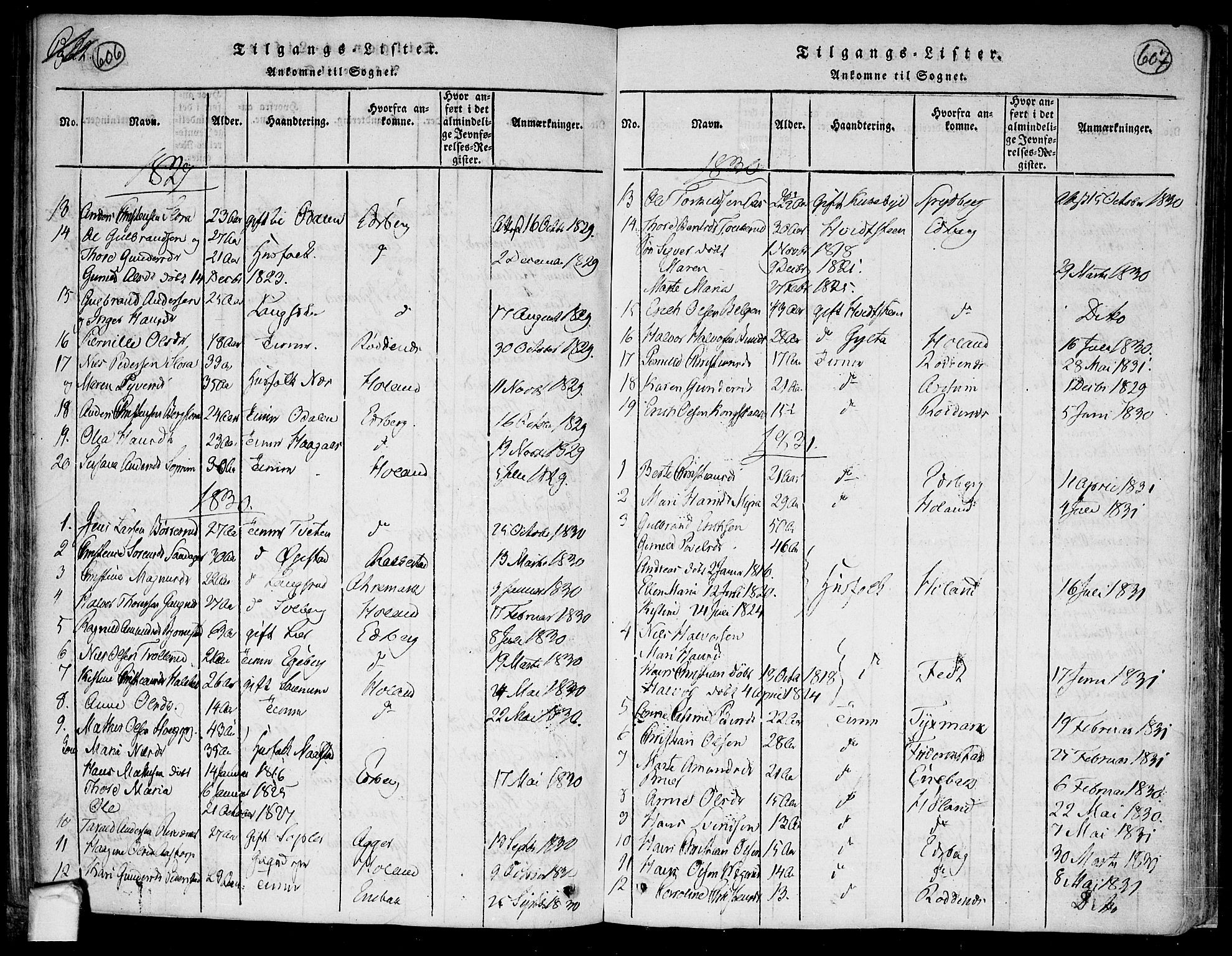 Trøgstad prestekontor Kirkebøker, AV/SAO-A-10925/F/Fa/L0006: Ministerialbok nr. I 6, 1815-1844, s. 606-607
