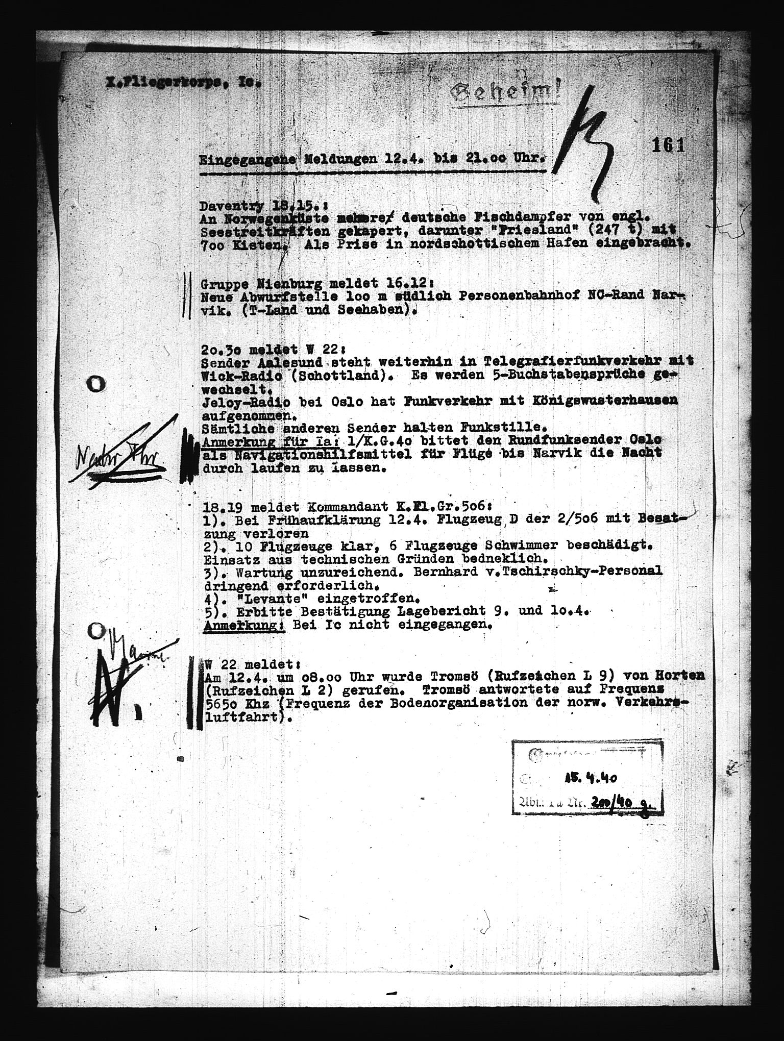 Documents Section, AV/RA-RAFA-2200/V/L0076: Amerikansk mikrofilm "Captured German Documents".
Box No. 715.  FKA jnr. 619/1954., 1940, s. 4