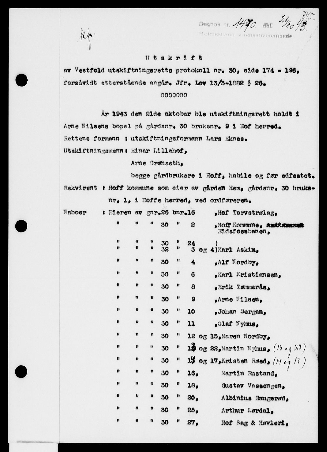 Holmestrand sorenskriveri, SAKO/A-67/G/Ga/Gaa/L0057: Pantebok nr. A-57, 1943-1944, Dagboknr: 1470/1943