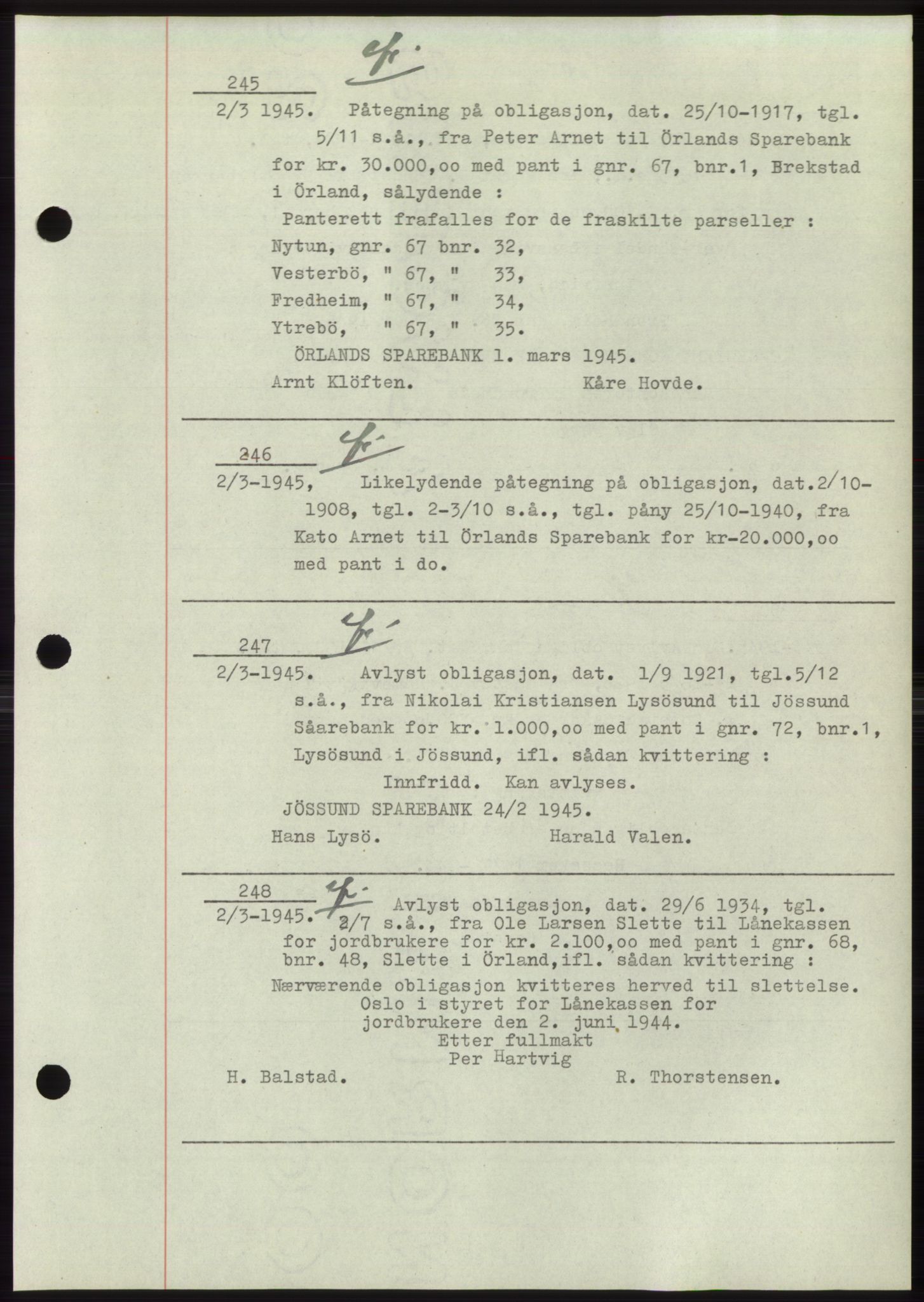 Fosen sorenskriveri, AV/SAT-A-1107/1/2/2C: Pantebok nr. B1, 1943-1946, Dagboknr: 245/1945