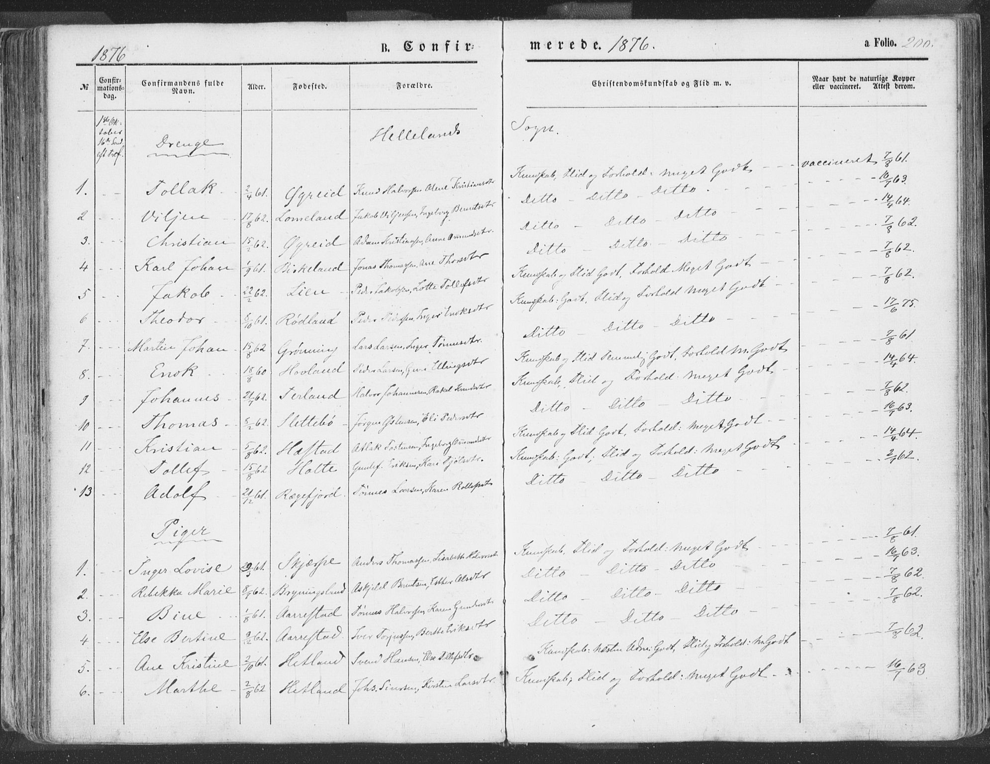 Helleland sokneprestkontor, SAST/A-101810: Ministerialbok nr. A 7.1, 1863-1886, s. 200