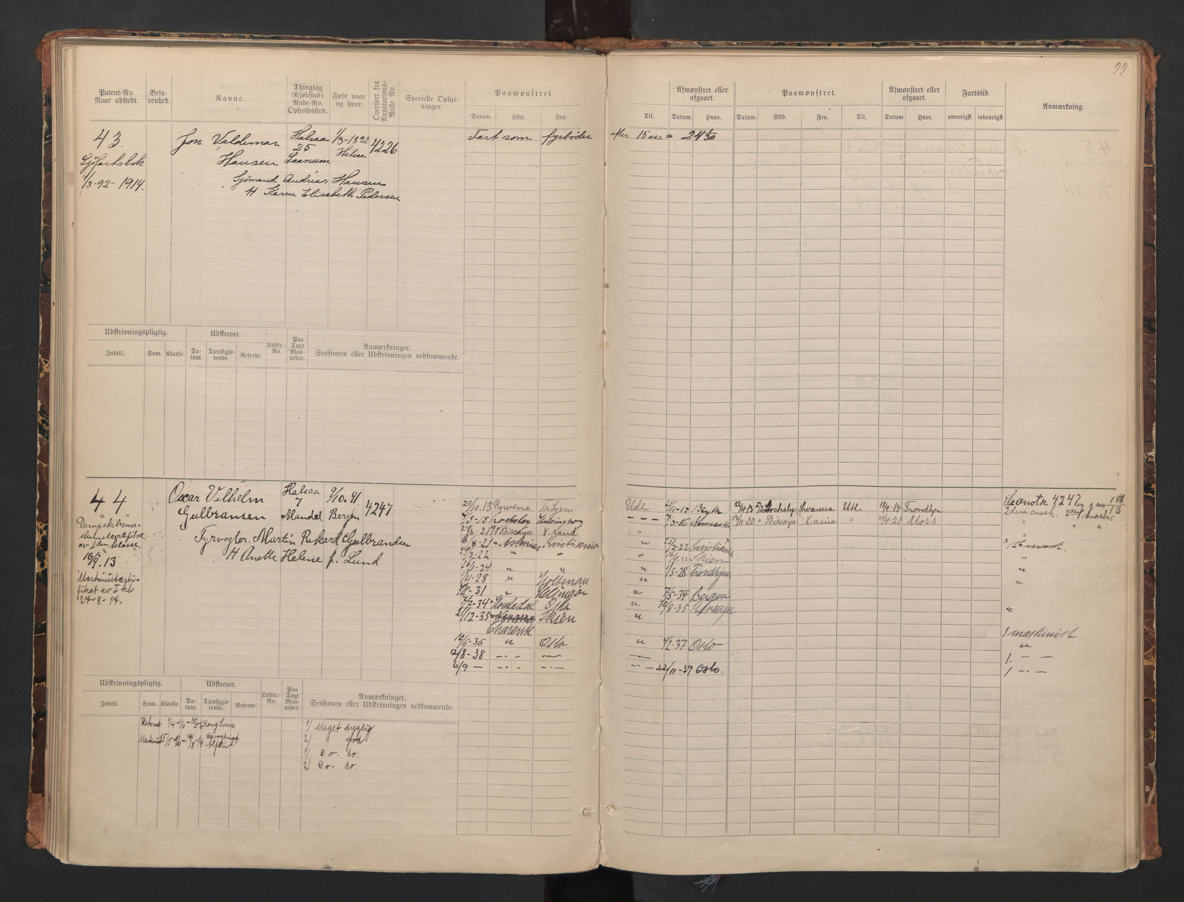 Mandal mønstringskrets, AV/SAK-2031-0016/F/Fa/L0008: Annotasjonsrulle nr 1-3, hovedrulle nr 1-122, maskinister og fyrbøtere, med register, Y-18, 1883-1948, s. 52