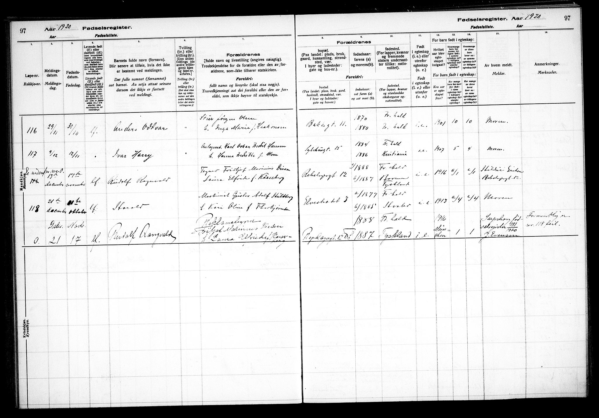 Halden prestekontor Kirkebøker, SAO/A-10909/J/Ja/L0001: Fødselsregister nr. I 1, 1916-1925, s. 97