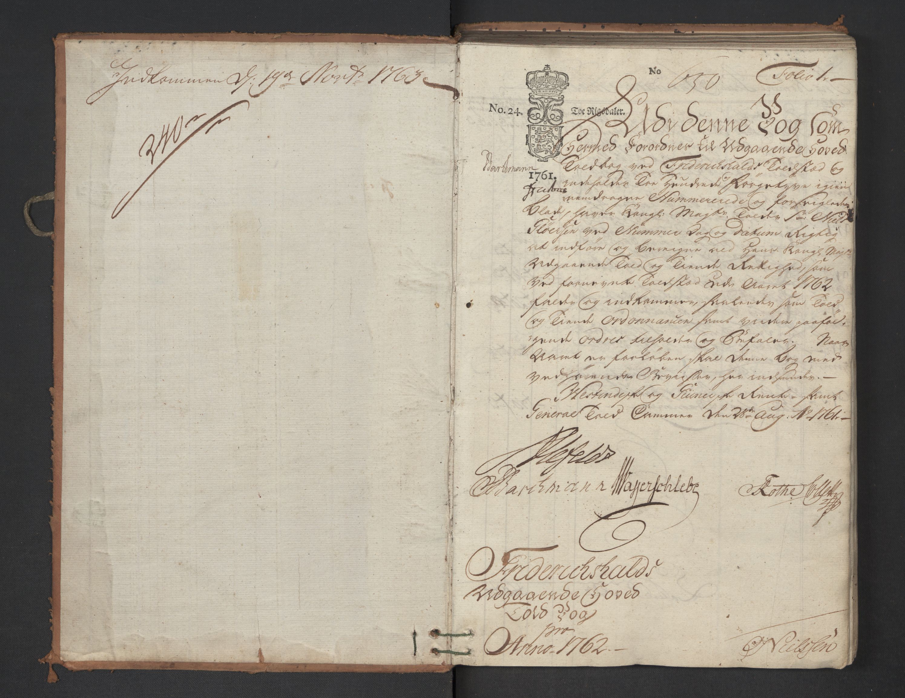 Generaltollkammeret, tollregnskaper, AV/RA-EA-5490/R01/L0047/0001: Tollregnskaper Fredrikshald / Utgående hovedtollbok, 1762, s. 1a