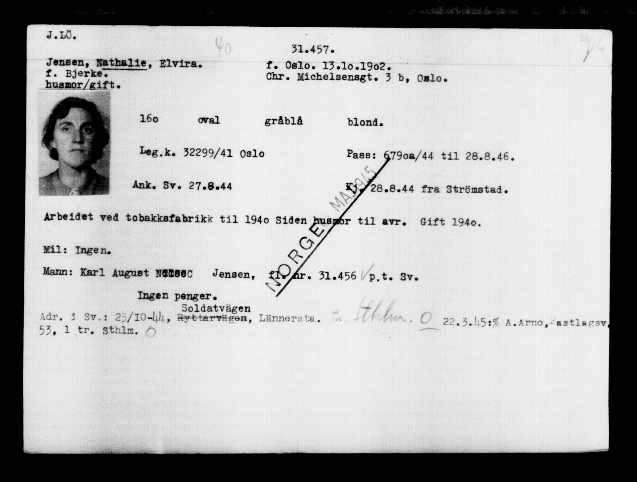 Utenriksstasjonene, Legasjonen i Stockholm, Flyktningkontoret, AV/RA-S-6753/V/Va/L0012: Kjesäterkartoteket, flyktninger med registreringsnr. 28300-31566, 1940-1945, s. 3418