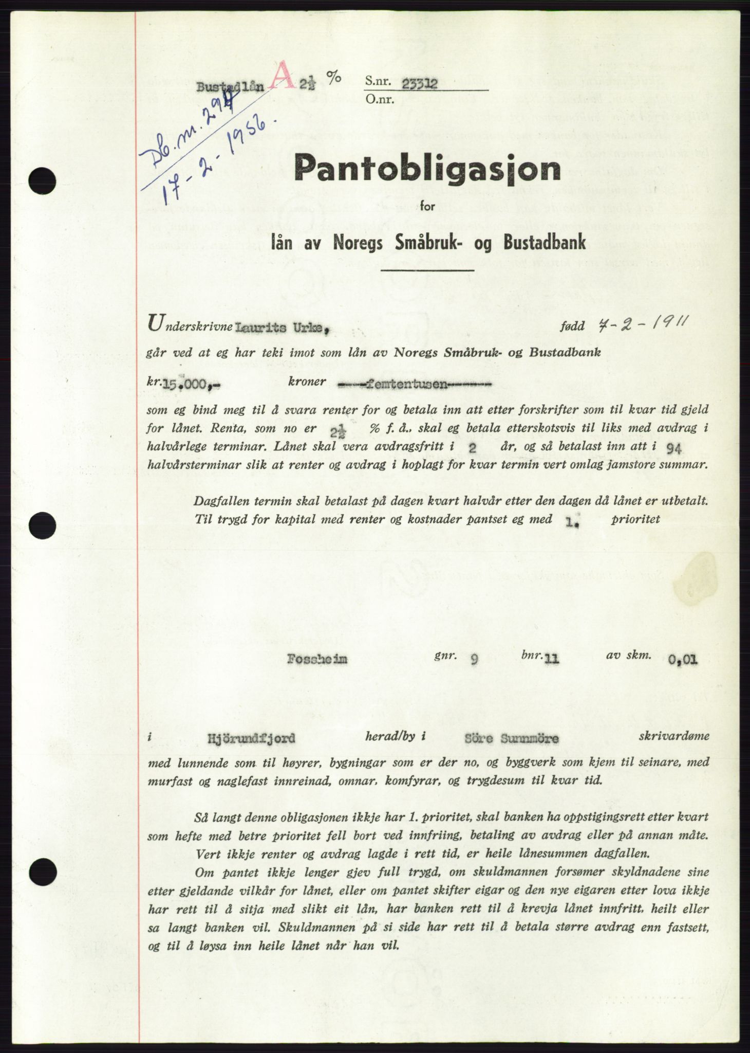 Søre Sunnmøre sorenskriveri, SAT/A-4122/1/2/2C/L0128: Pantebok nr. 16B, 1956-1956, Dagboknr: 294/1956