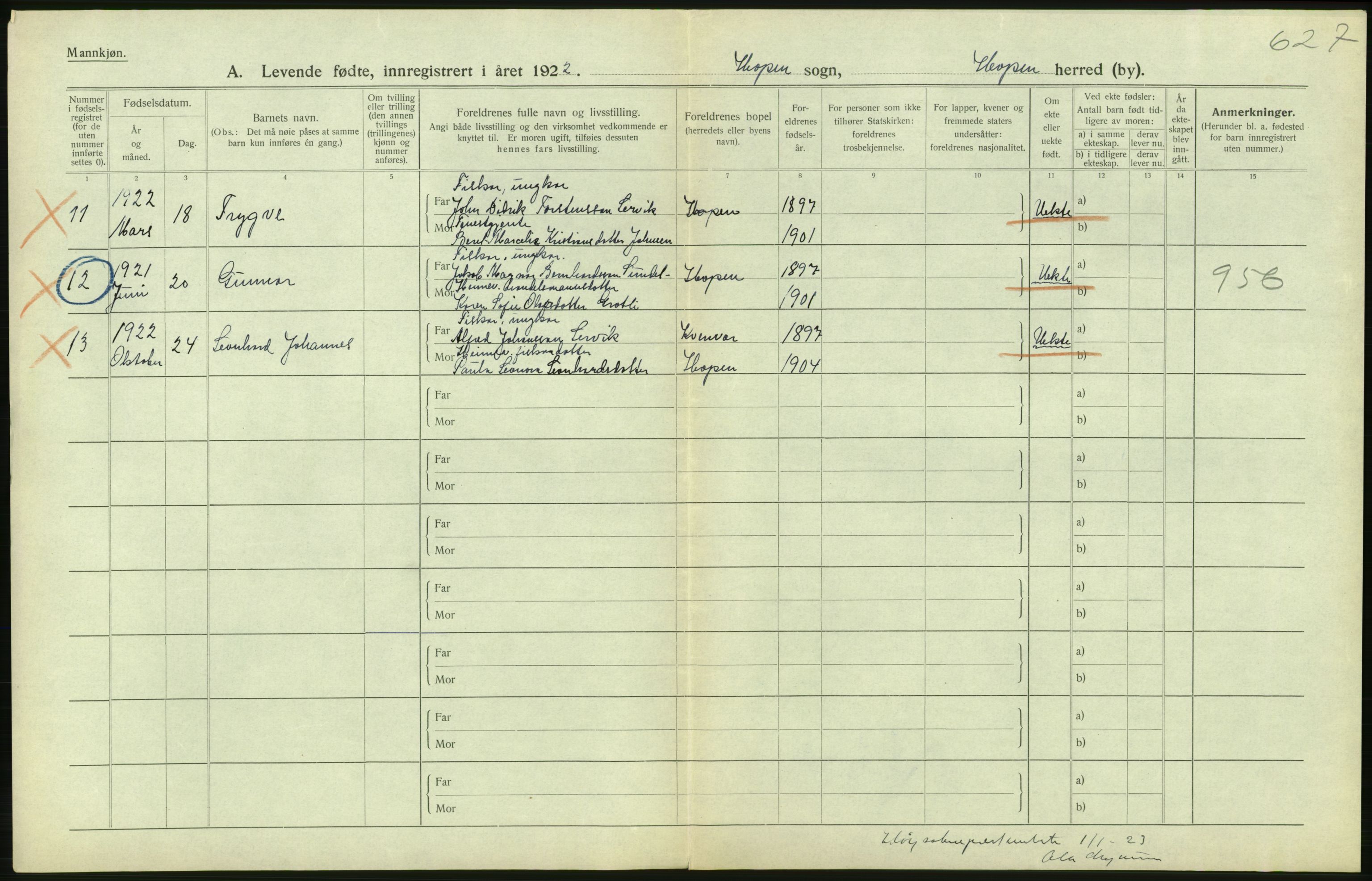 Statistisk sentralbyrå, Sosiodemografiske emner, Befolkning, AV/RA-S-2228/D/Df/Dfc/Dfcb/L0034: Møre fylke: Levendefødte menn og kvinner. Bygder., 1922, s. 388