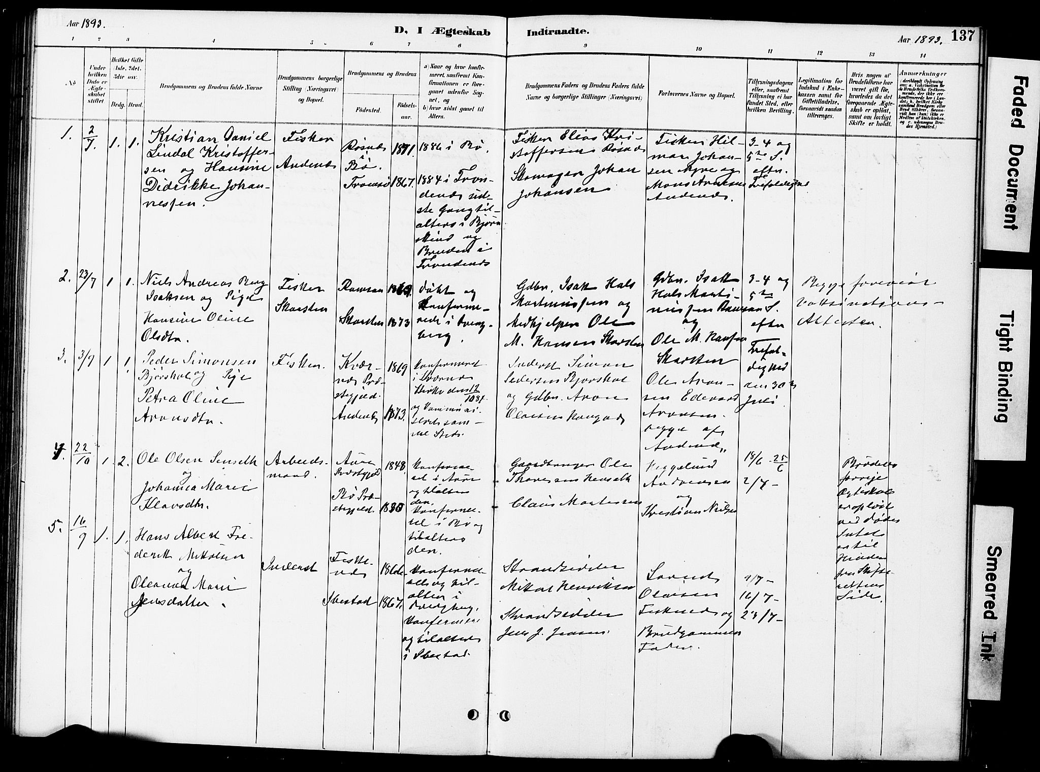 Ministerialprotokoller, klokkerbøker og fødselsregistre - Nordland, AV/SAT-A-1459/899/L1448: Klokkerbok nr. 899C03, 1887-1902, s. 137