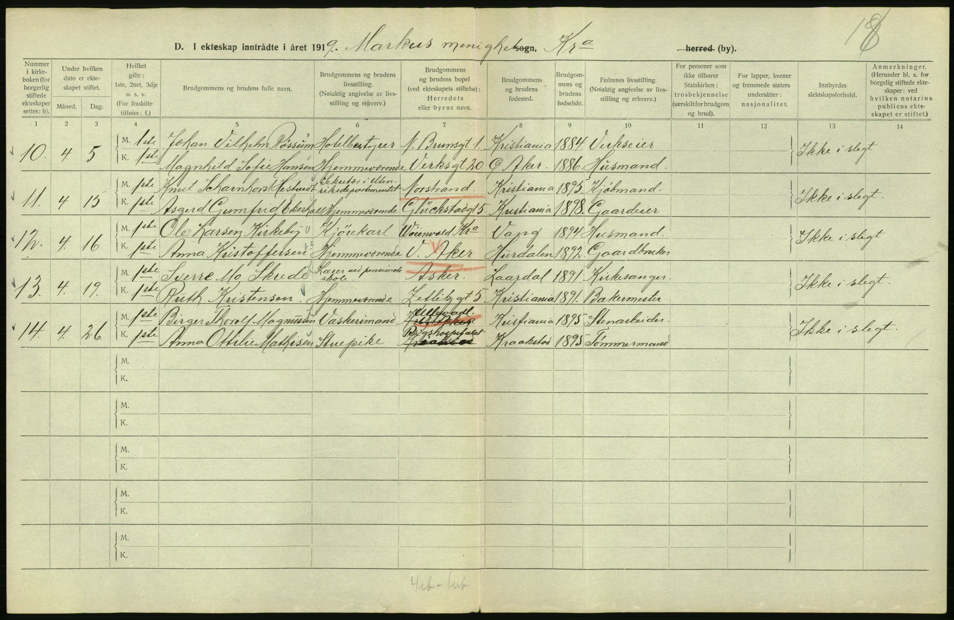 Statistisk sentralbyrå, Sosiodemografiske emner, Befolkning, AV/RA-S-2228/D/Df/Dfb/Dfbi/L0009: Kristiania: Gifte, 1919, s. 332