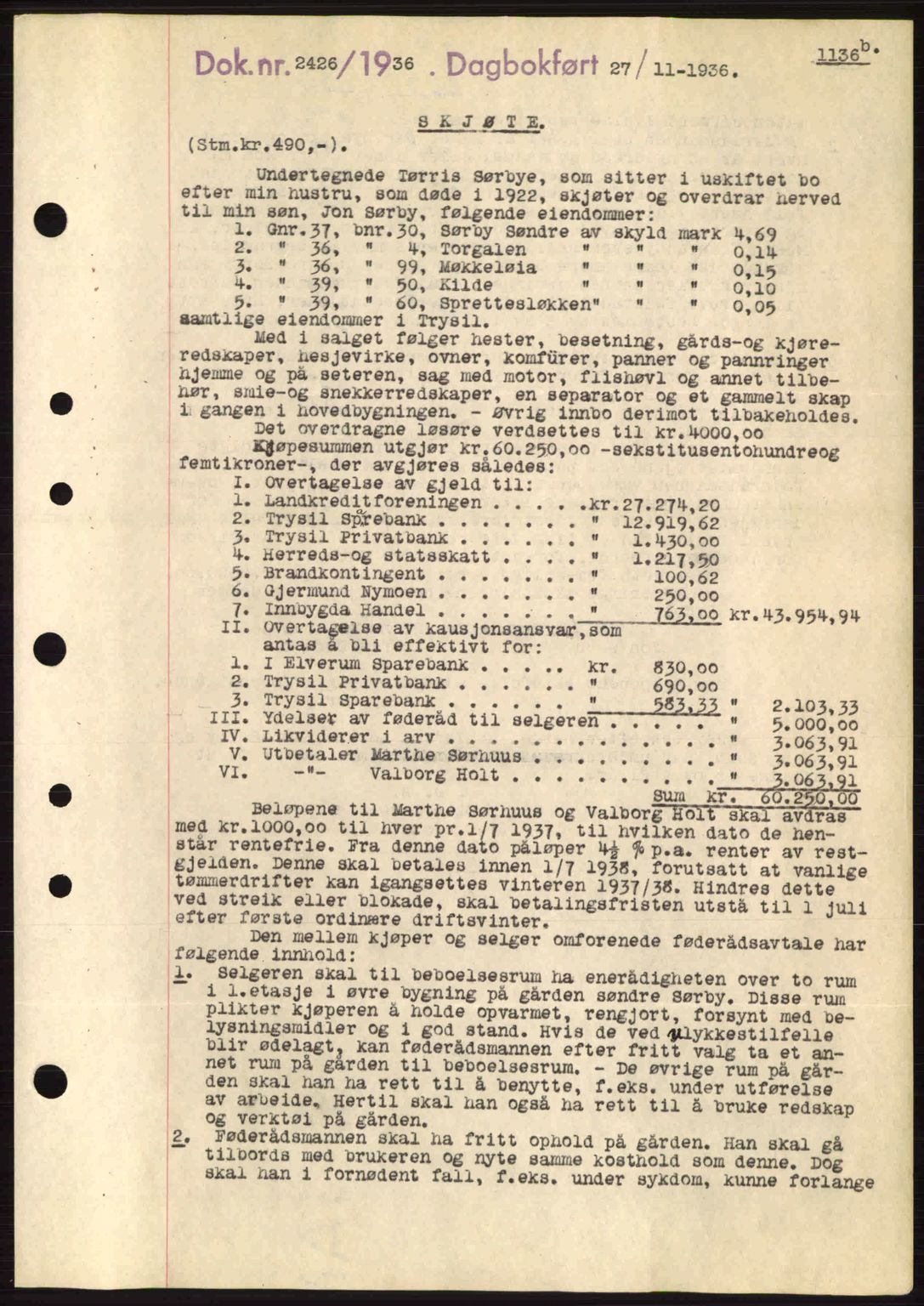 Sør-Østerdal sorenskriveri, SAH/TING-018/H/Hb/Hbb/L0054: Pantebok nr. A54, 1936-1936, Dagboknr: 2426/1936