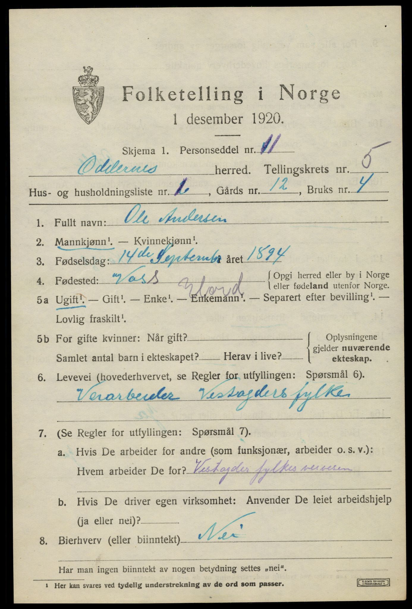 SAK, Folketelling 1920 for 1012 Oddernes herred, 1920, s. 4449