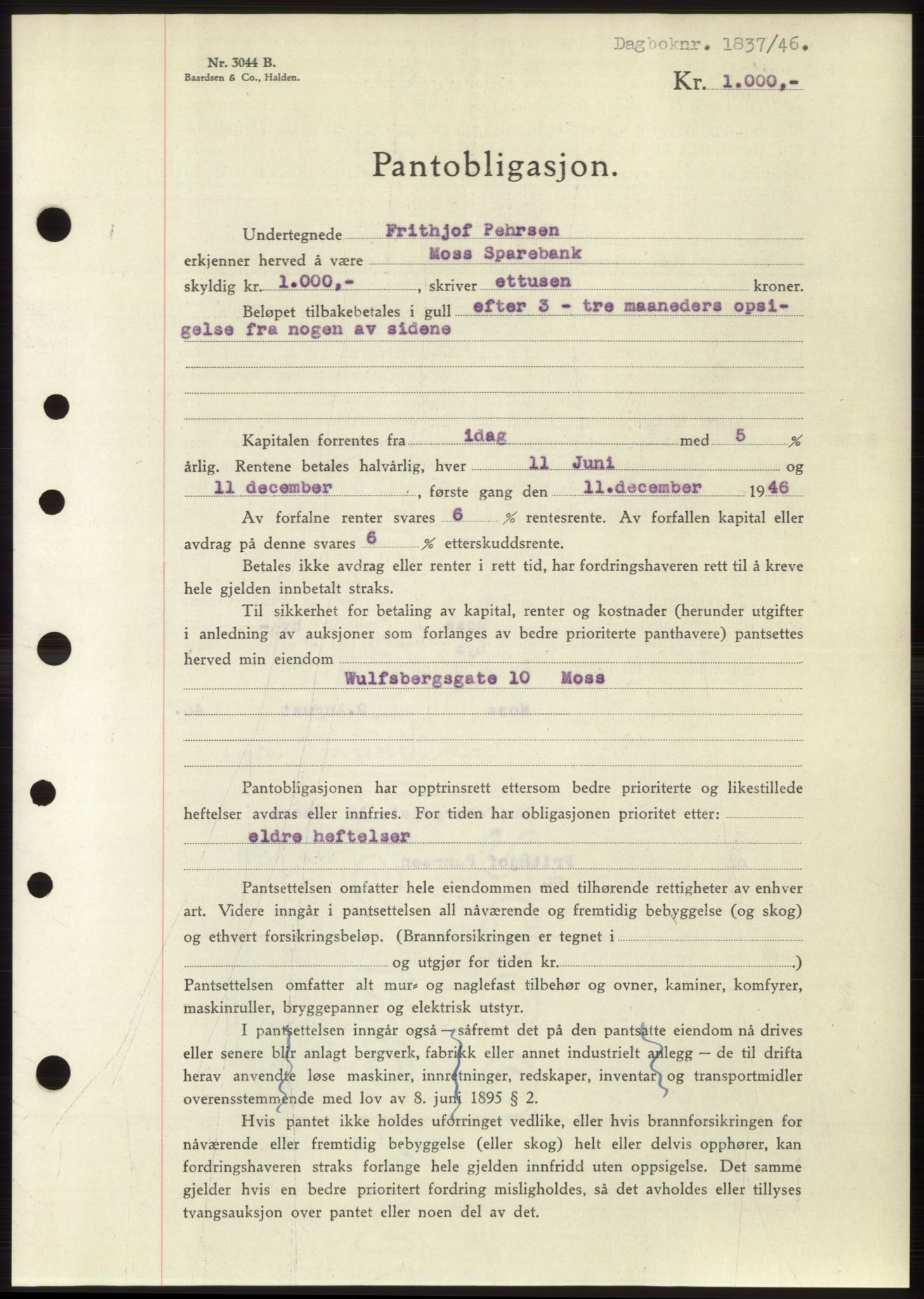 Moss sorenskriveri, SAO/A-10168: Pantebok nr. B15, 1946-1946, Dagboknr: 1837/1946