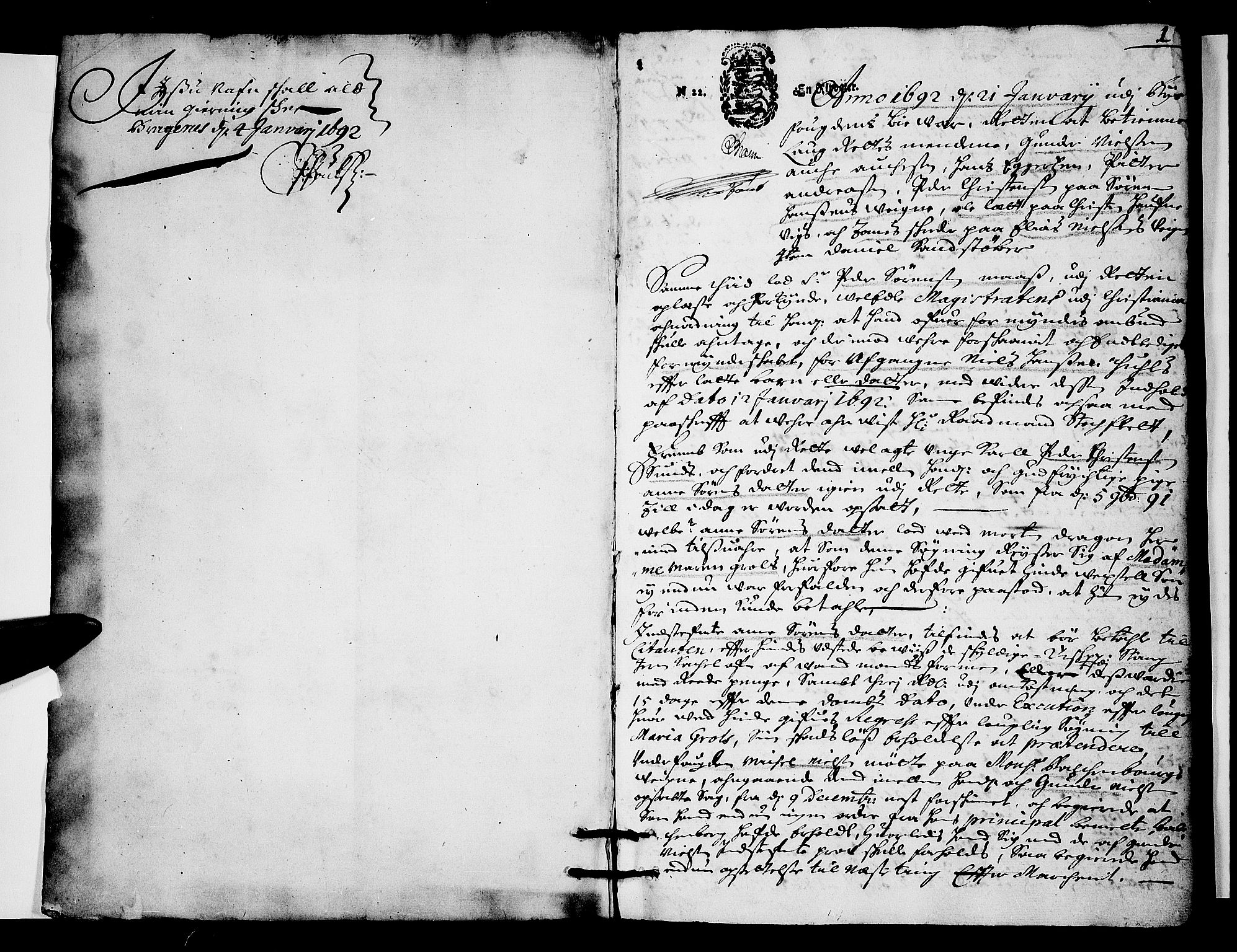 Drammen byfogd, AV/SAKO-A-222/F/Fa/L0022: Tingbok for Bragernes, 1692, s. 0b-1a