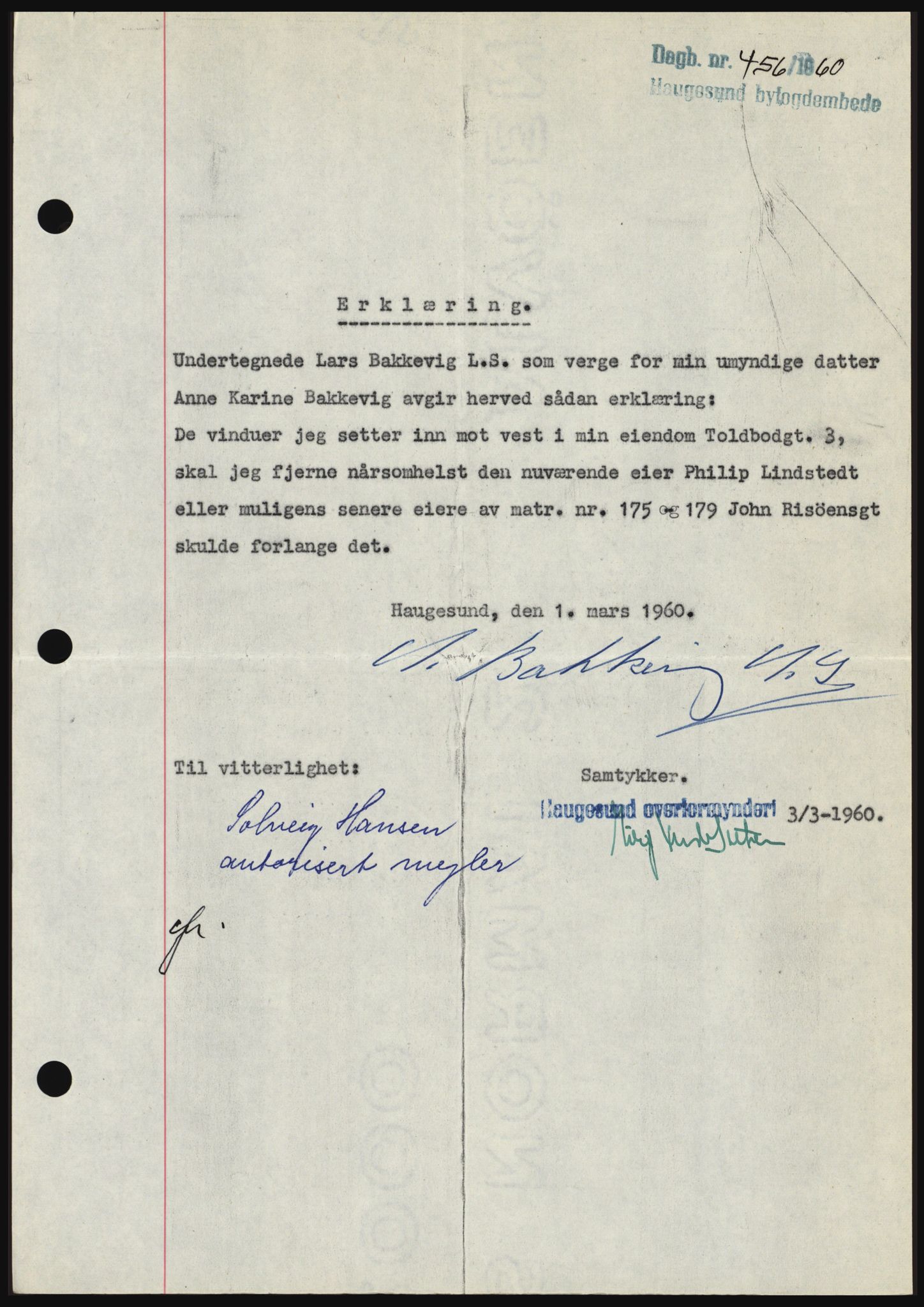 Haugesund tingrett, SAST/A-101415/01/II/IIC/L0046: Pantebok nr. B 46, 1960-1960, Dagboknr: 456/1960