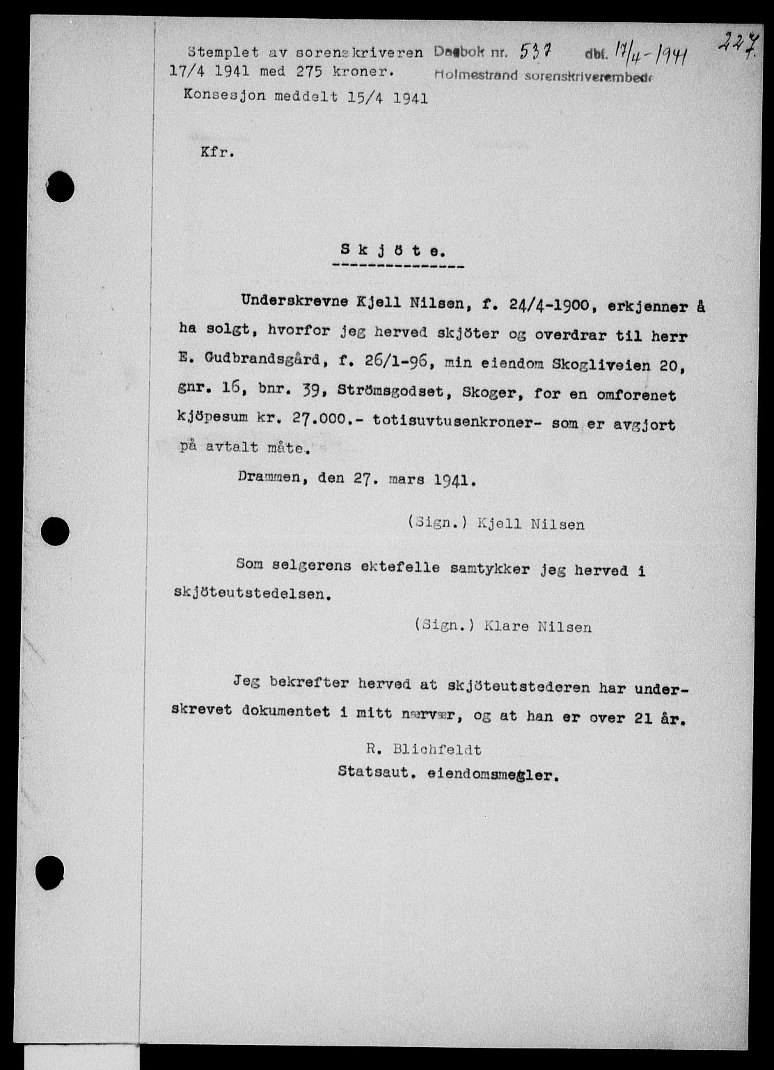 Holmestrand sorenskriveri, SAKO/A-67/G/Ga/Gaa/L0053: Pantebok nr. A-53, 1941-1941, Dagboknr: 537/1941