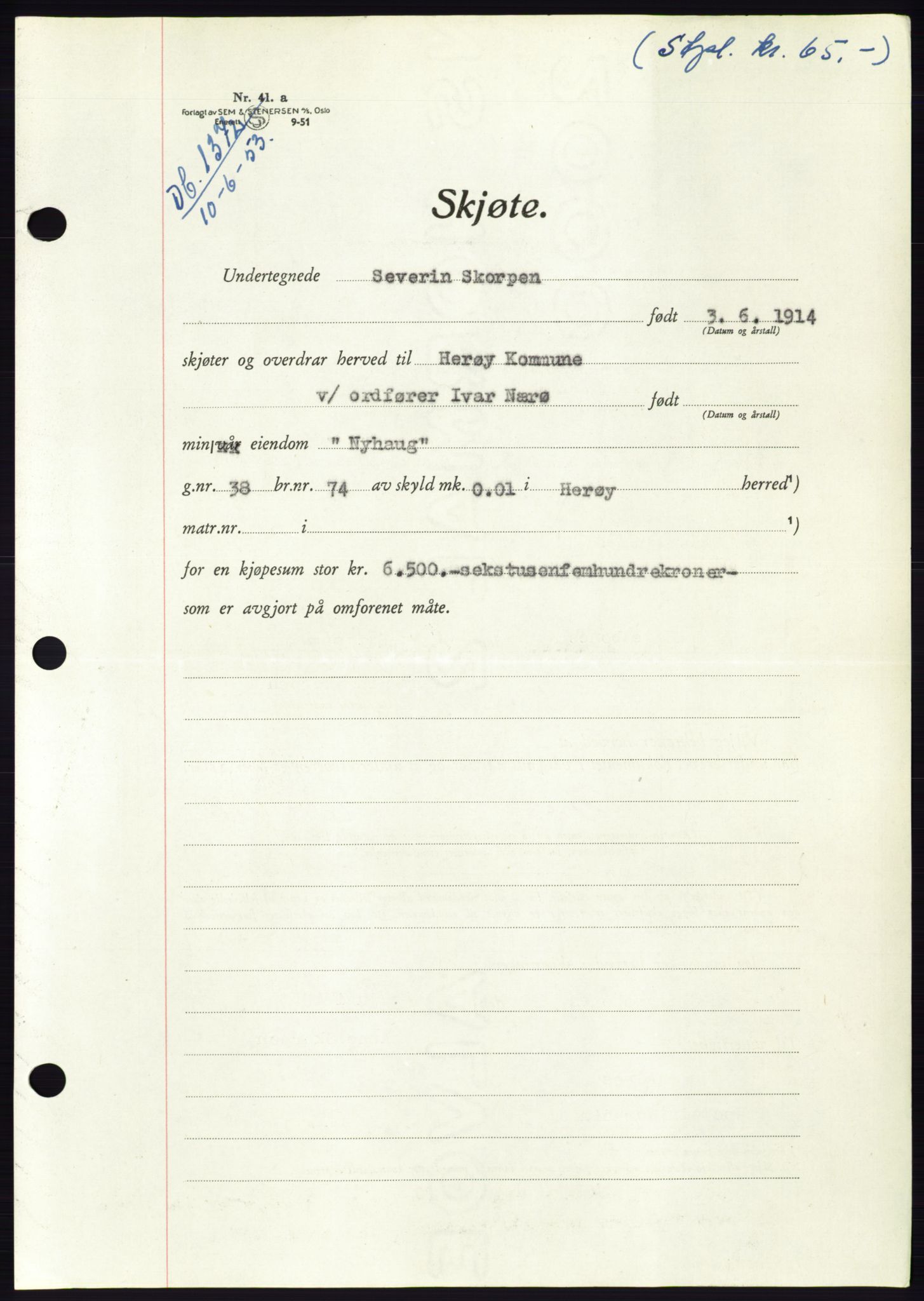 Søre Sunnmøre sorenskriveri, AV/SAT-A-4122/1/2/2C/L0095: Pantebok nr. 21A, 1953-1953, Dagboknr: 1372/1953