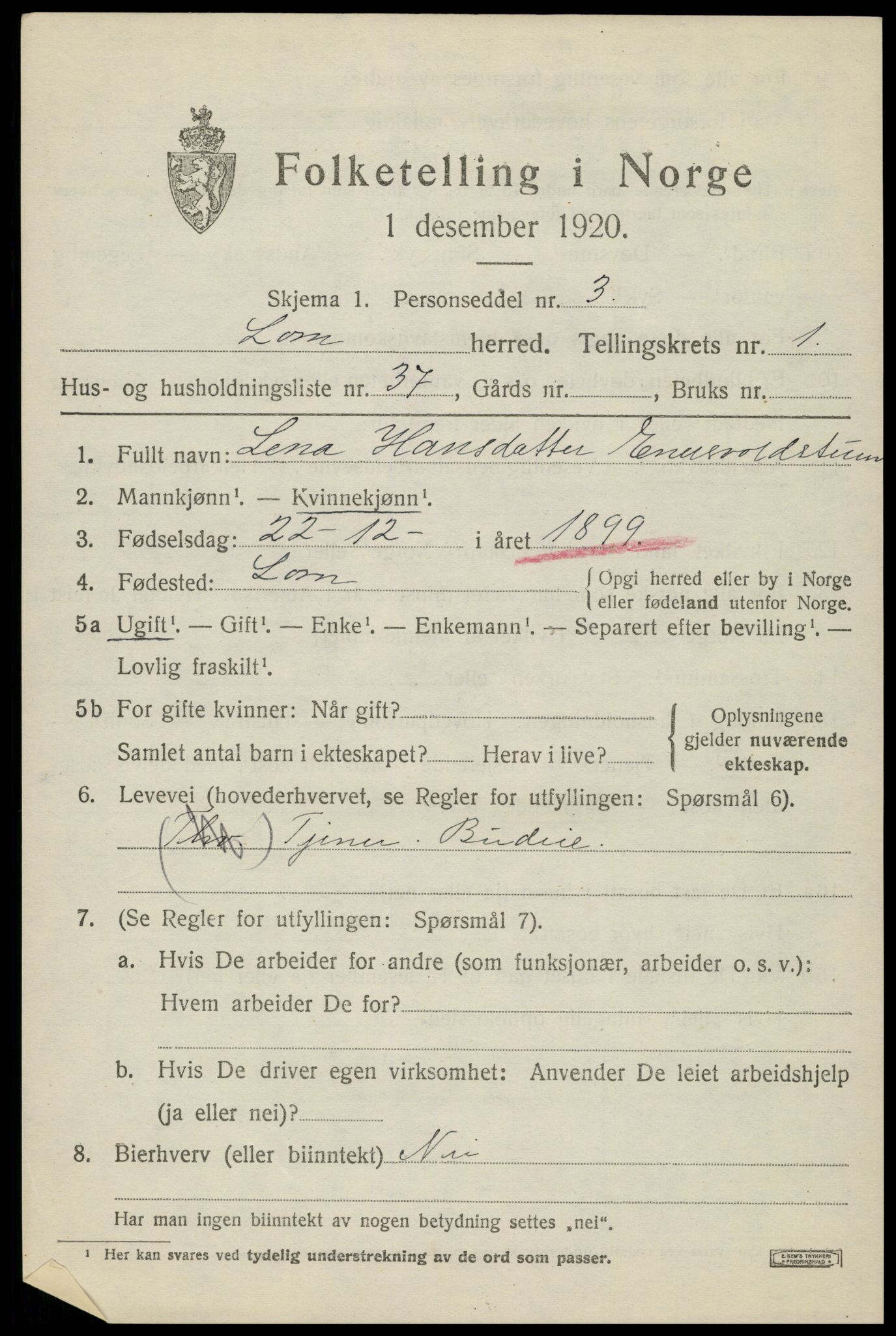 SAH, Folketelling 1920 for 0514 Lom herred, 1920, s. 1344