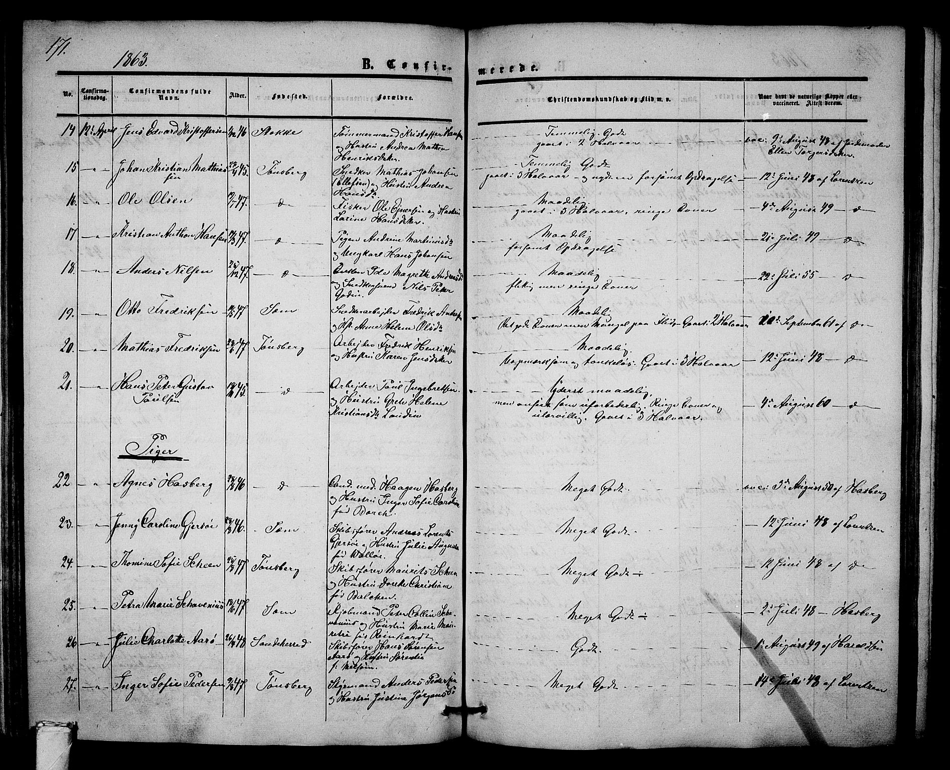 Tønsberg kirkebøker, AV/SAKO-A-330/G/Ga/L0003: Klokkerbok nr. 3, 1855-1864, s. 171