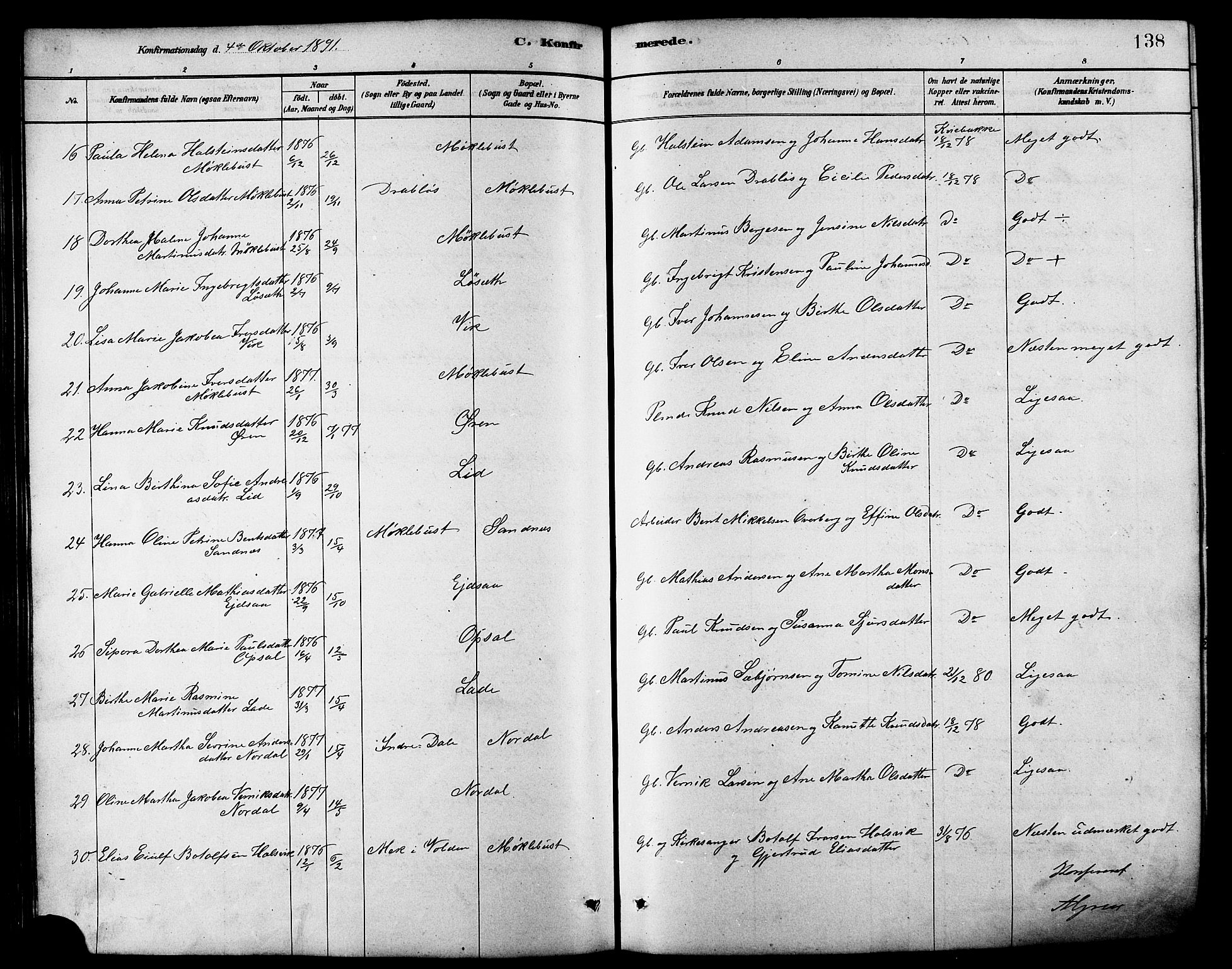 Ministerialprotokoller, klokkerbøker og fødselsregistre - Møre og Romsdal, AV/SAT-A-1454/502/L0027: Klokkerbok nr. 502C01, 1878-1908, s. 138