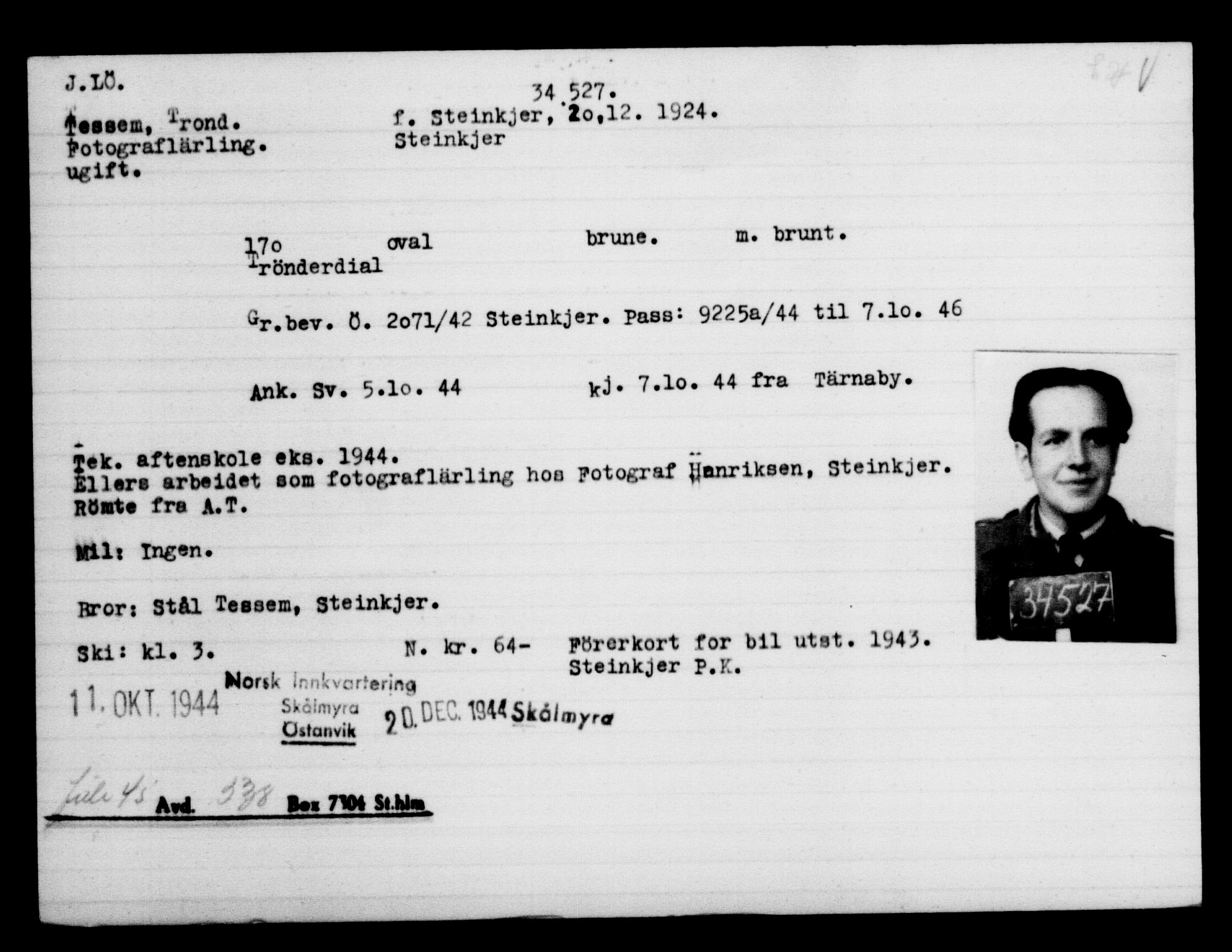 Utenriksstasjonene, Legasjonen i Stockholm, Flyktningkontoret, AV/RA-S-6753/V/Va/L0013: Kjesäterkartoteket, flyktninger med registreringsnr. 31500-34731, 1940-1945, s. 3190