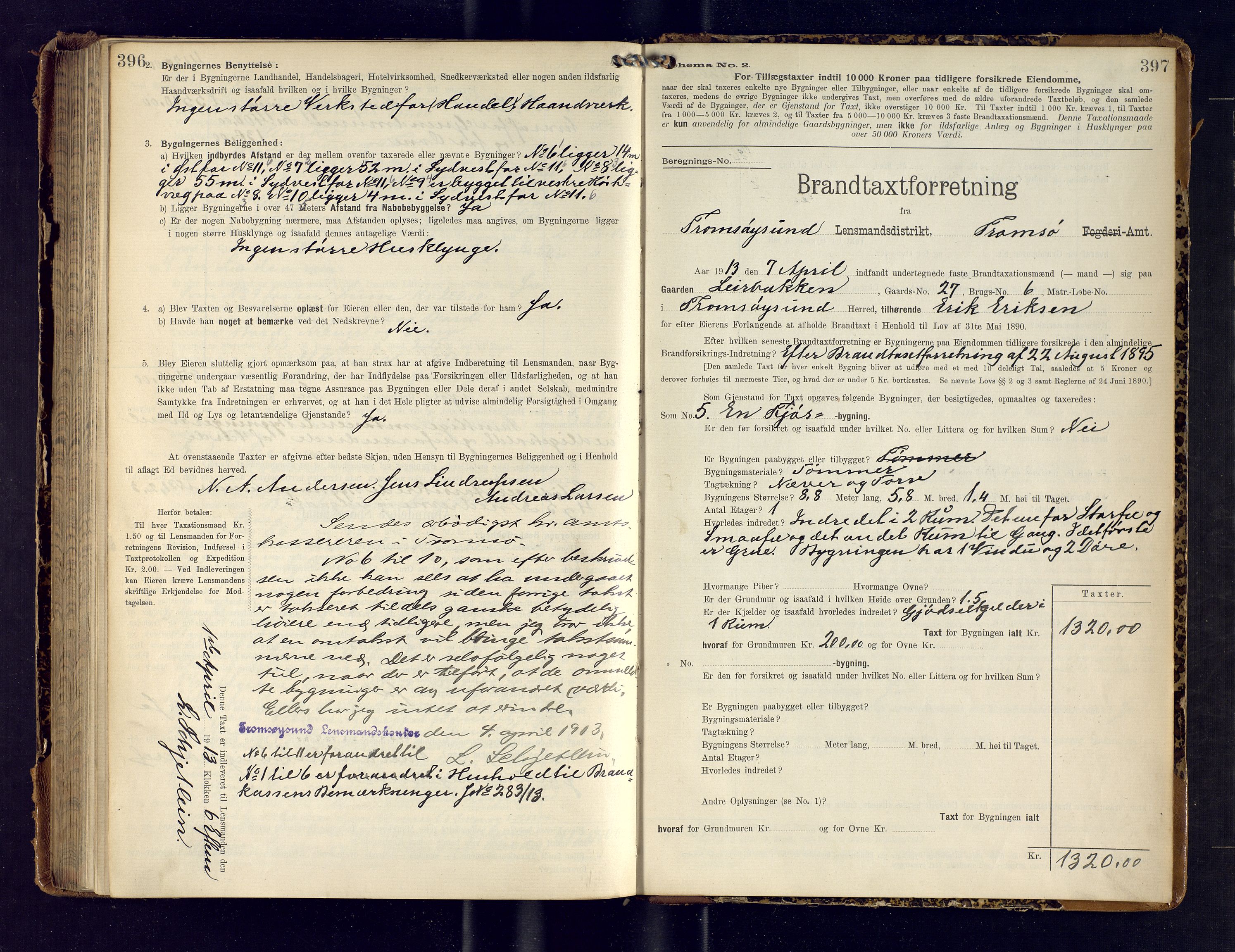 Tromsøysund lensmannskontor, SATØ/SATØ-12/F/Fs/Fsb/L0738: Branntakstprotokoll (S).  Med register, 1908-1913, s. 396-397