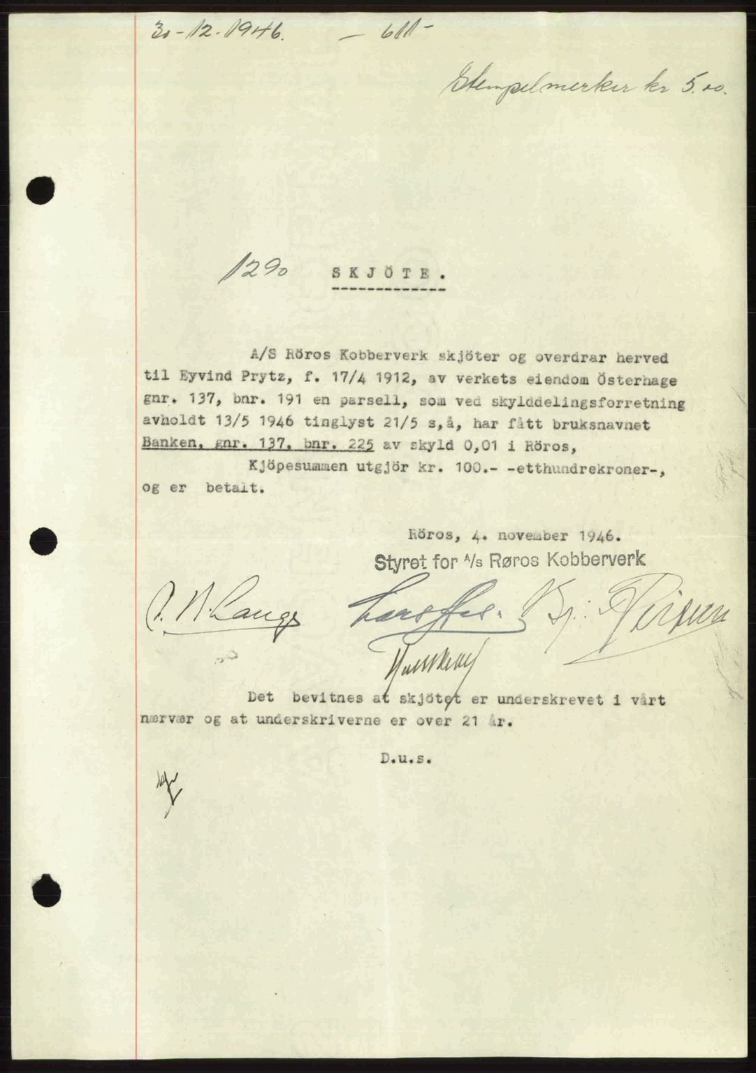 Gauldal sorenskriveri, SAT/A-0014/1/2/2C: Pantebok nr. A2, 1946-1946, Dagboknr: 1290/1946