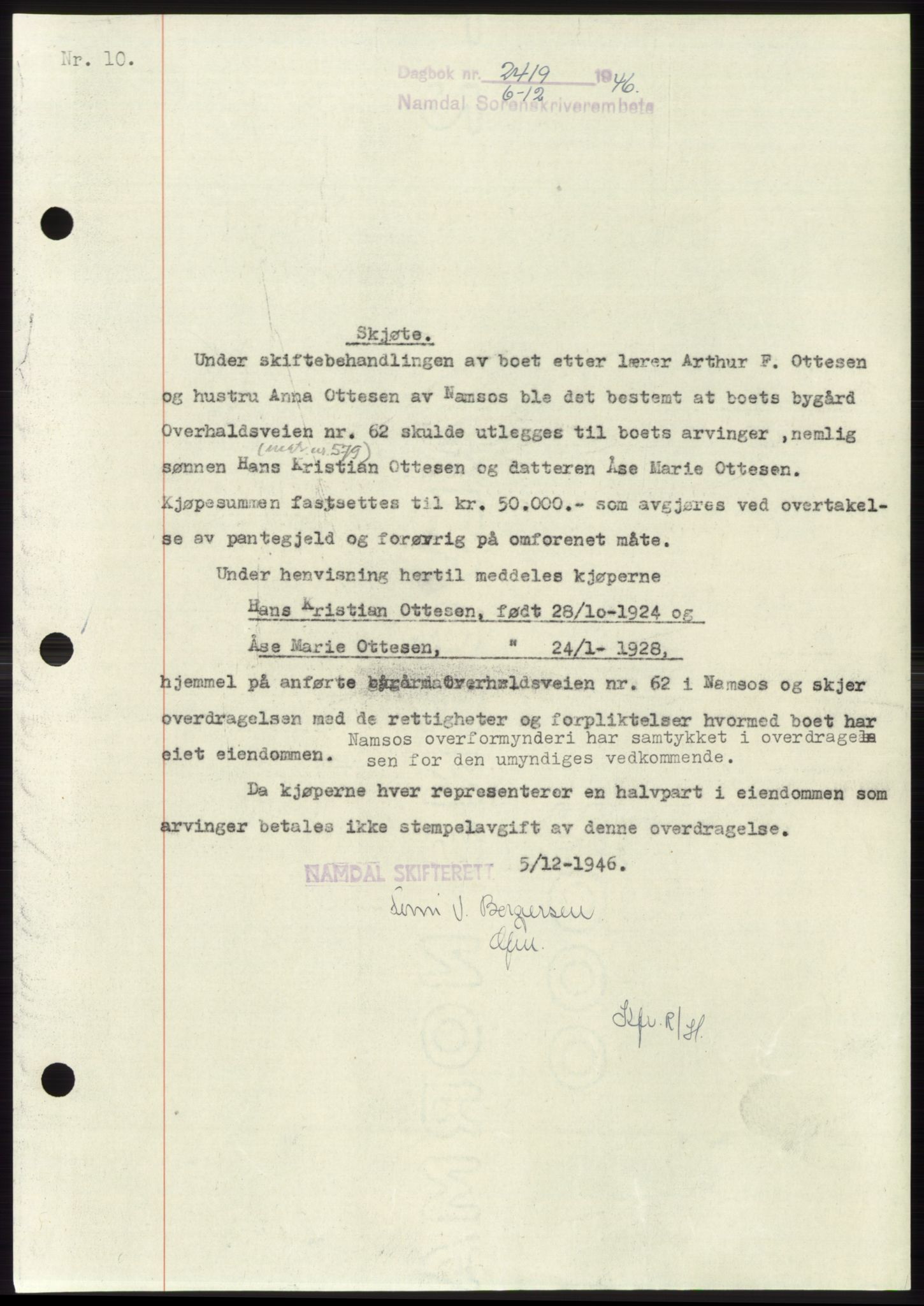 Namdal sorenskriveri, SAT/A-4133/1/2/2C: Pantebok nr. -, 1946-1947, Dagboknr: 2419/1946