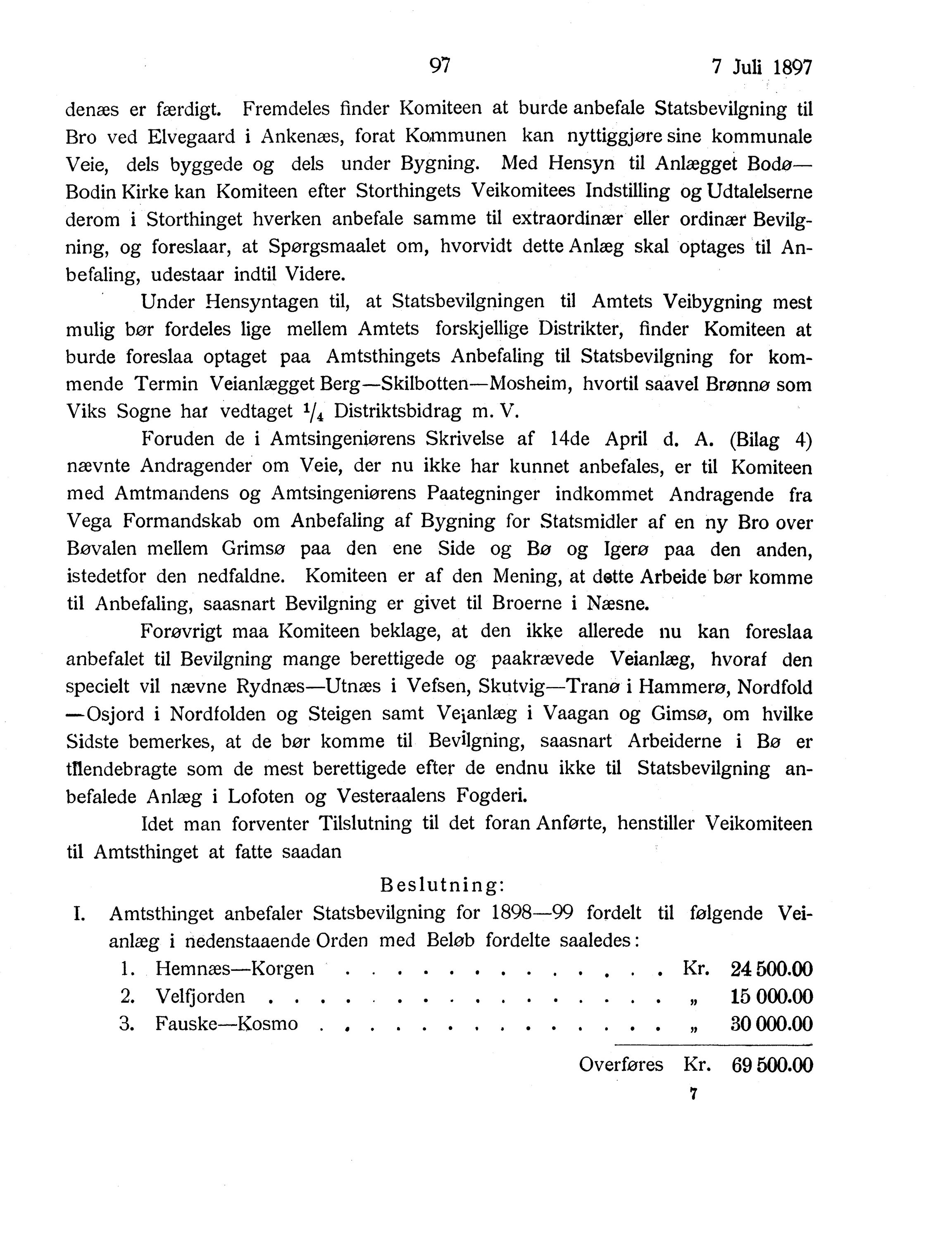 Nordland Fylkeskommune. Fylkestinget, AIN/NFK-17/176/A/Ac/L0020: Fylkestingsforhandlinger 1897, 1897