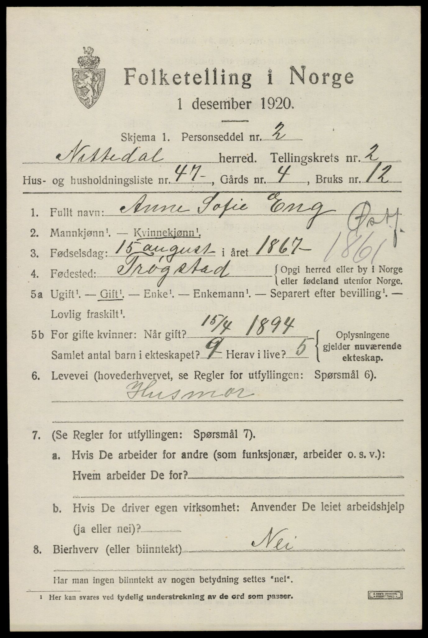SAO, Folketelling 1920 for 0233 Nittedal herred, 1920, s. 2422