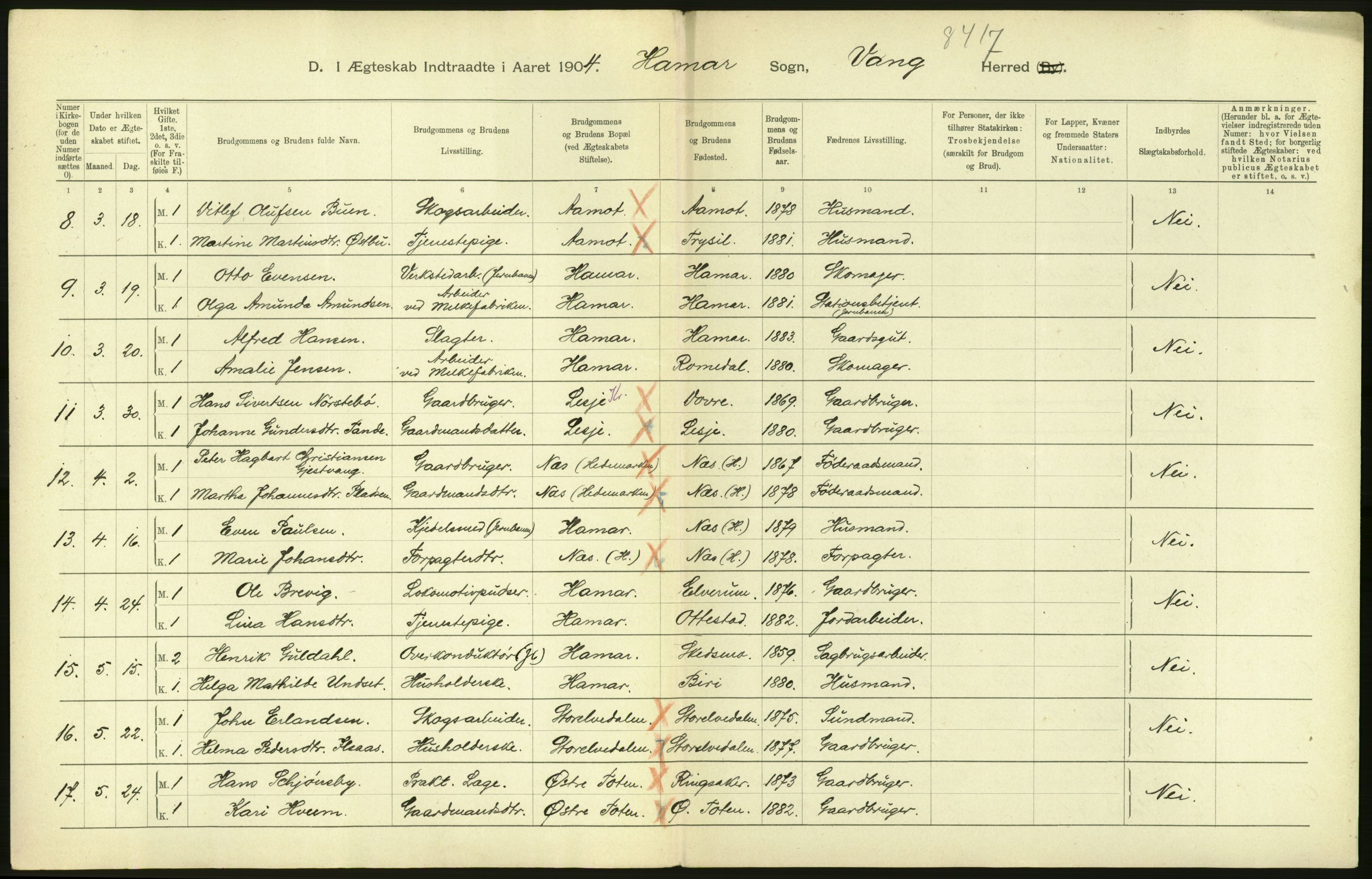 Statistisk sentralbyrå, Sosiodemografiske emner, Befolkning, AV/RA-S-2228/D/Df/Dfa/Dfab/L0005: Hedemarkens amt: Fødte, gifte, døde, 1904, s. 30